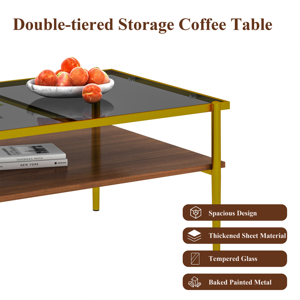 Modern Rectangle Coffee Table with Tempered Glass Top & Gold Metal Legs - Stylish Living Room Center Table with Lower Shelf Storage