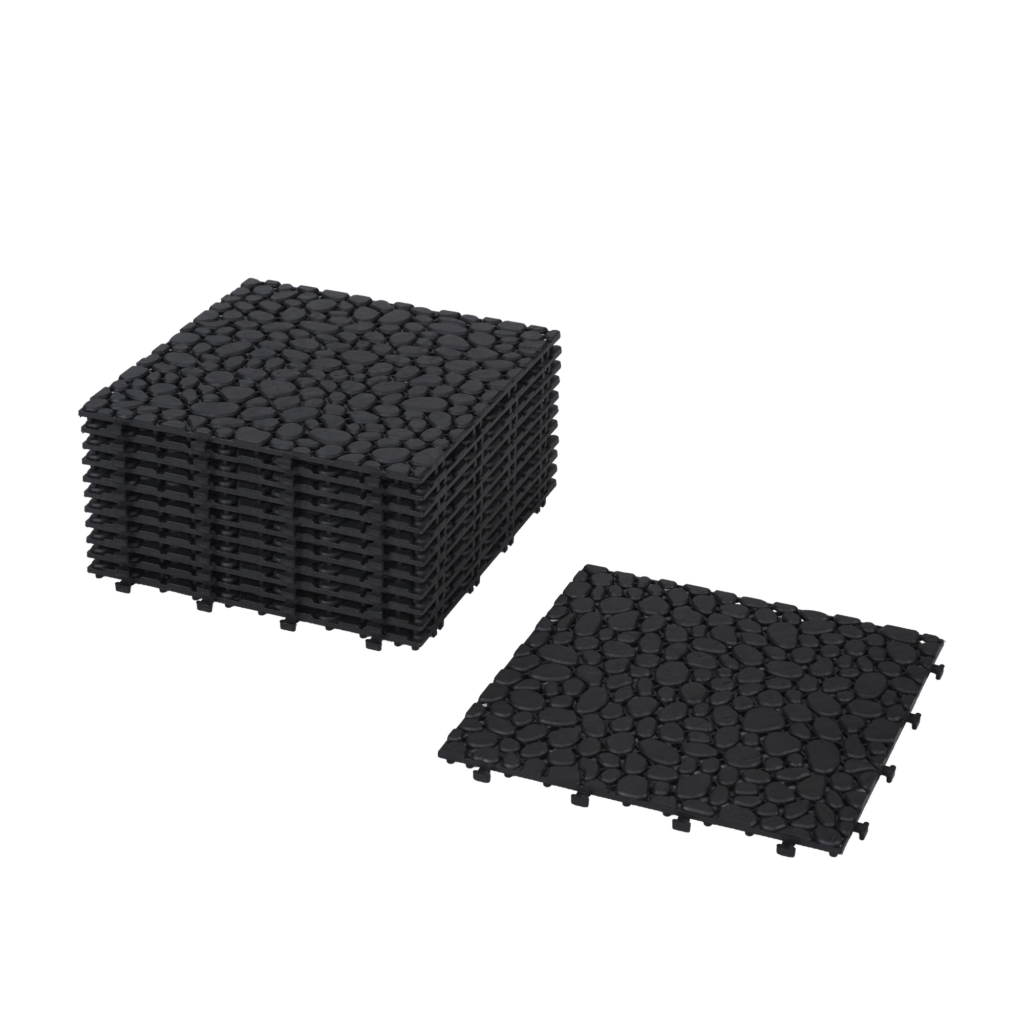 12-Pack Black Interlocking Deck Tiles - Waterproof Plastic Patio Flooring with Pebble Stone Pattern, Anti-Slip Outdoor Balcony & Bathroom Pavers
