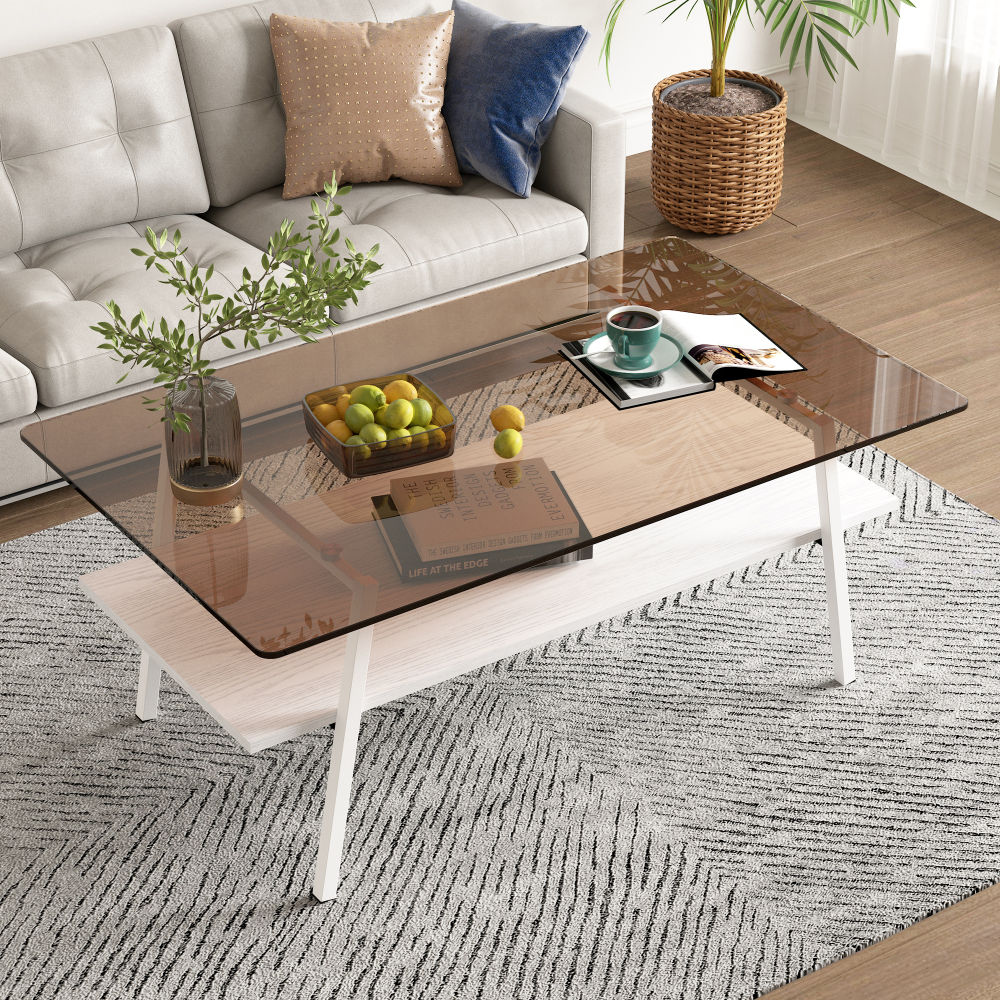 Modern Rectangle Coffee Table with Tempered Brown Glass Top & White Metal Legs, Contemporary Living Room Furniture with MDF Storage Shelf