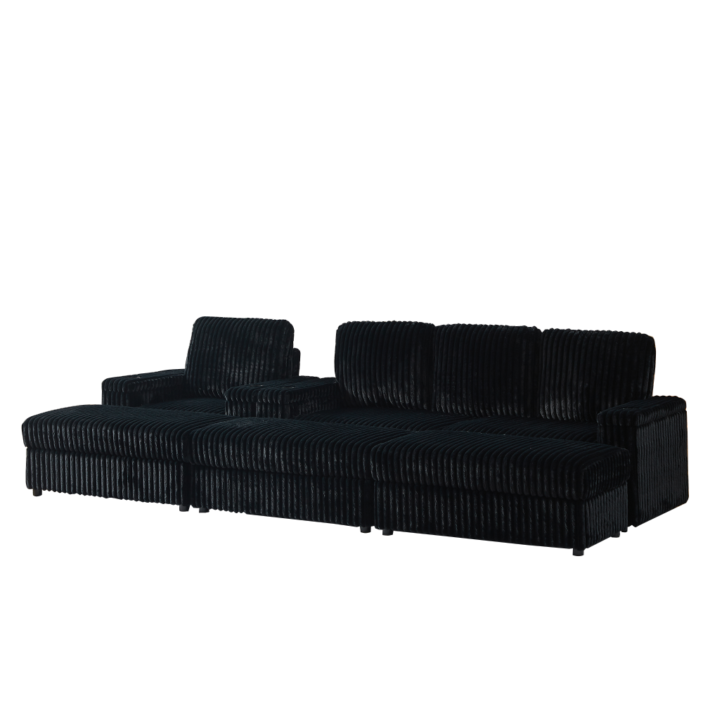 Luxury Black Corduroy Sectional Sofa with Recliner, Cup Holders & Storage Ottoman - Modern Deep Seat Living Room Couch