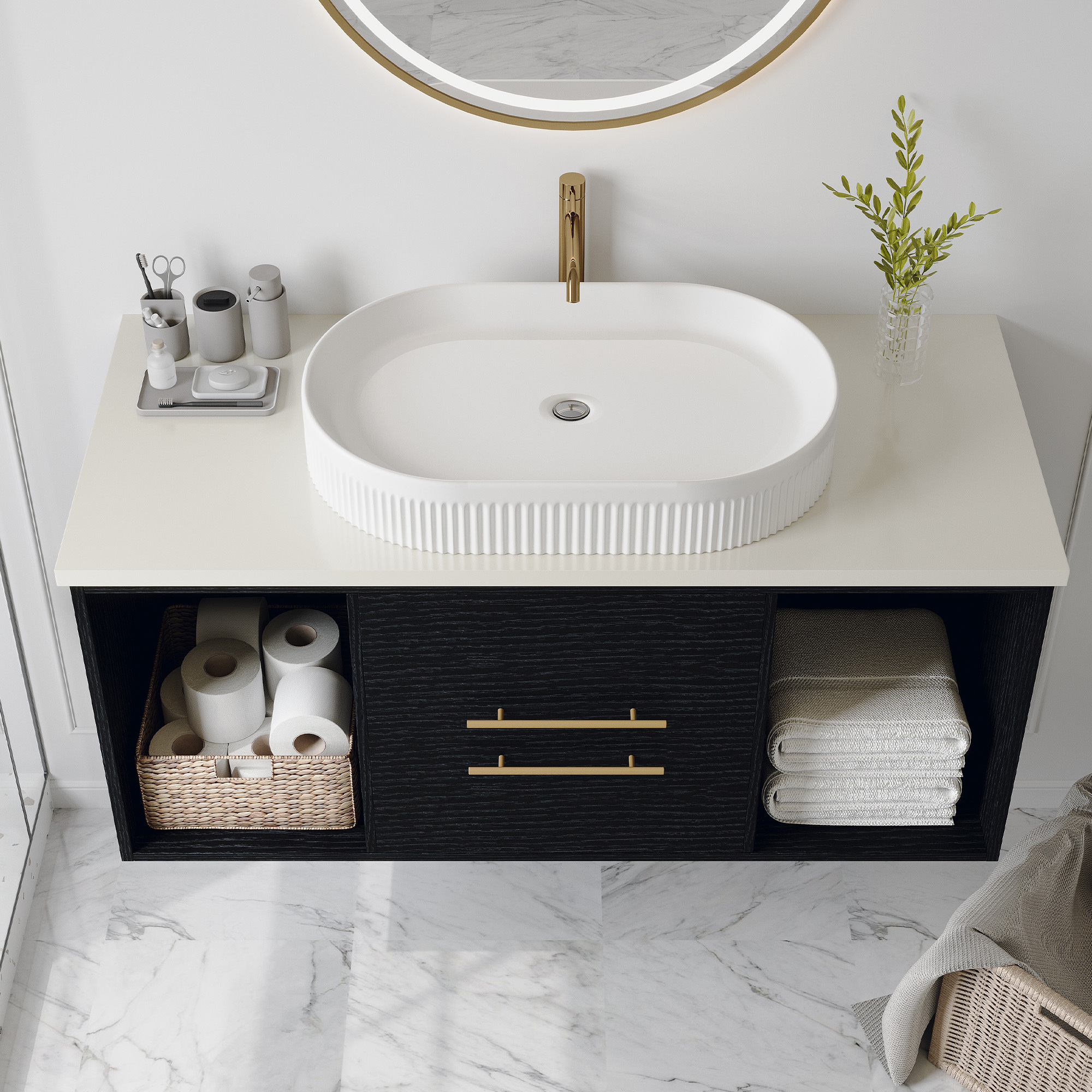 Elegant Oval Vessel Sink - White Ceramic Bathroom Vanity Top with Vertical Fluted Design