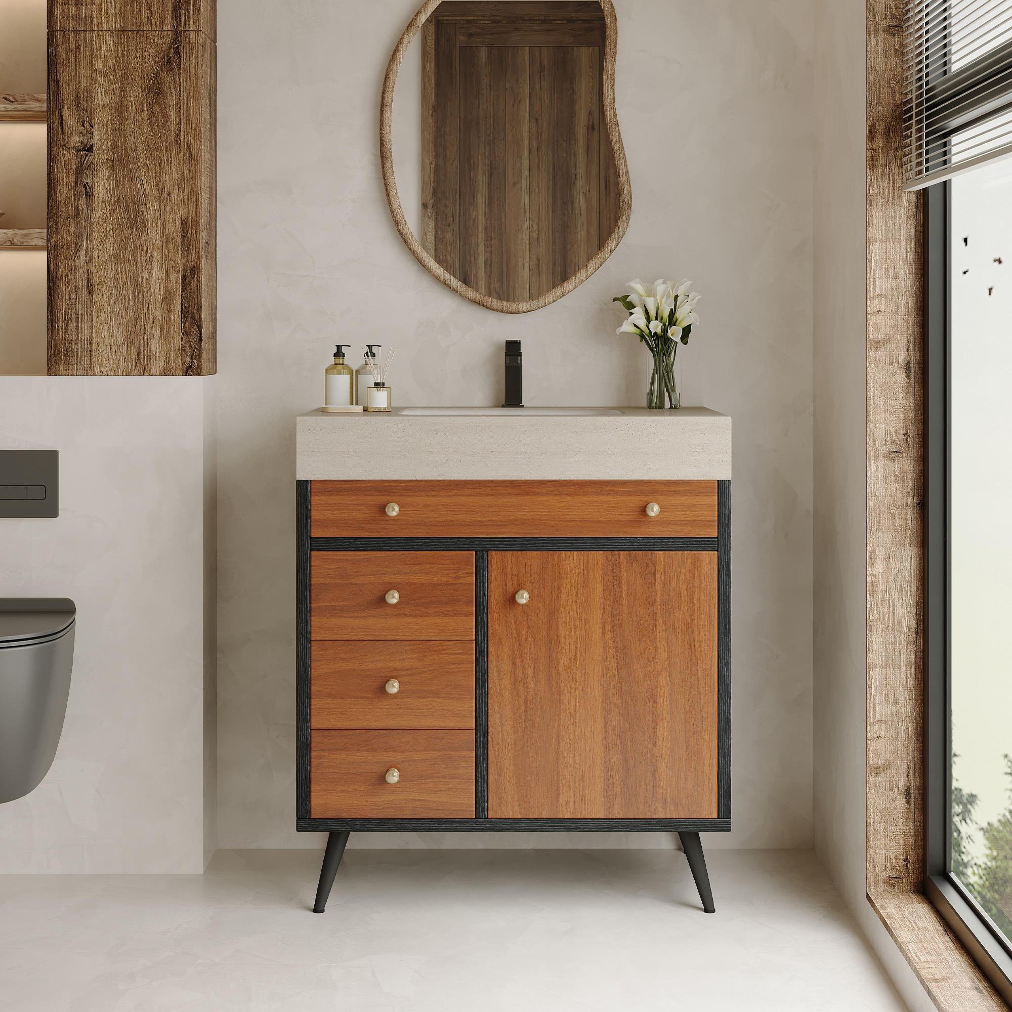 Modern Free-Standing Bathroom Vanity with Sintered Stone Top & Ceramic Sink, Mid-Century Walnut Cabinet with Soft-Close Drawers