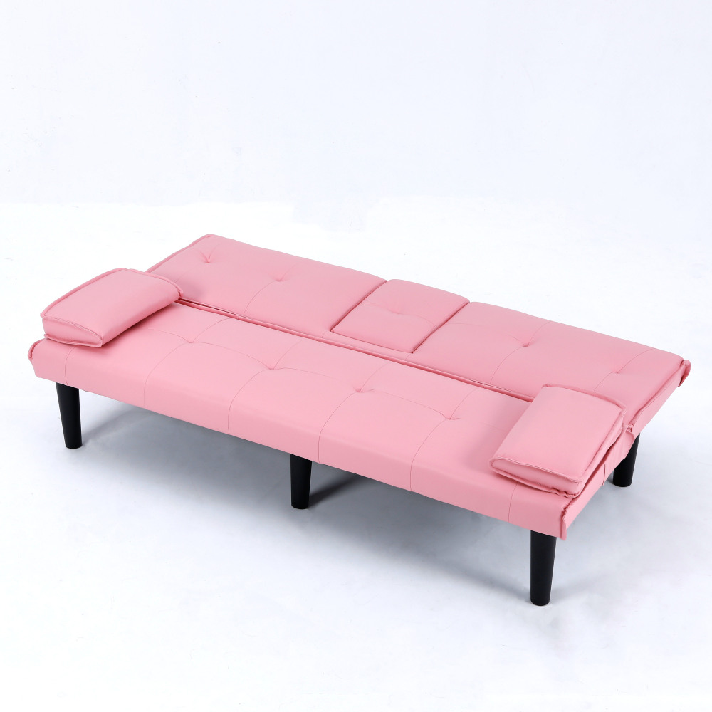 67-Inch Pink Convertible Sofa Bed with Cup Holders & Armrests - Modern PVC Sleeper Loveseat for Small Spaces, Dorms & Apartments