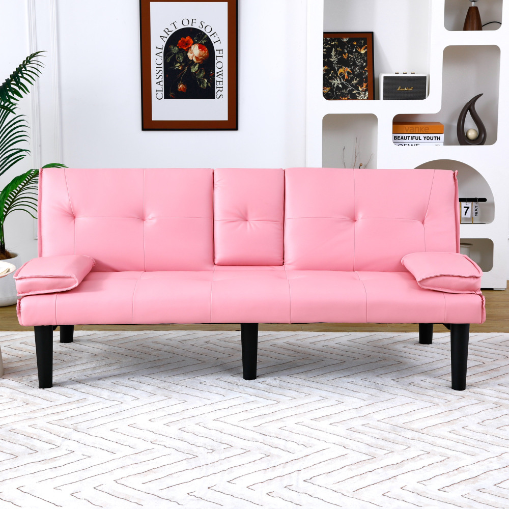 67-Inch Pink Convertible Sofa Bed with Cup Holders & Armrests - Modern PVC Sleeper Loveseat for Small Spaces, Dorms & Apartments