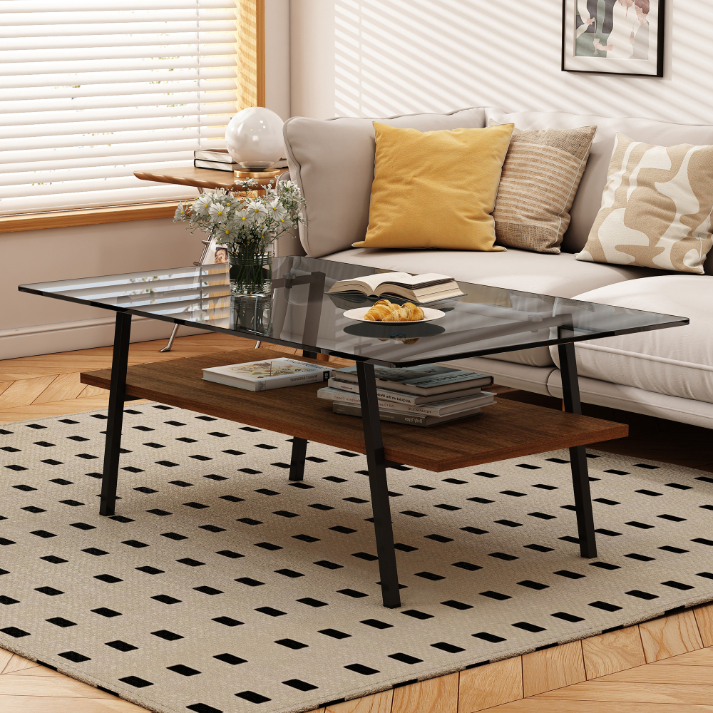 Modern Rectangle Coffee Table with Tempered Gray Glass Top and Storage Shelf - Contemporary Living Room Accent Furniture