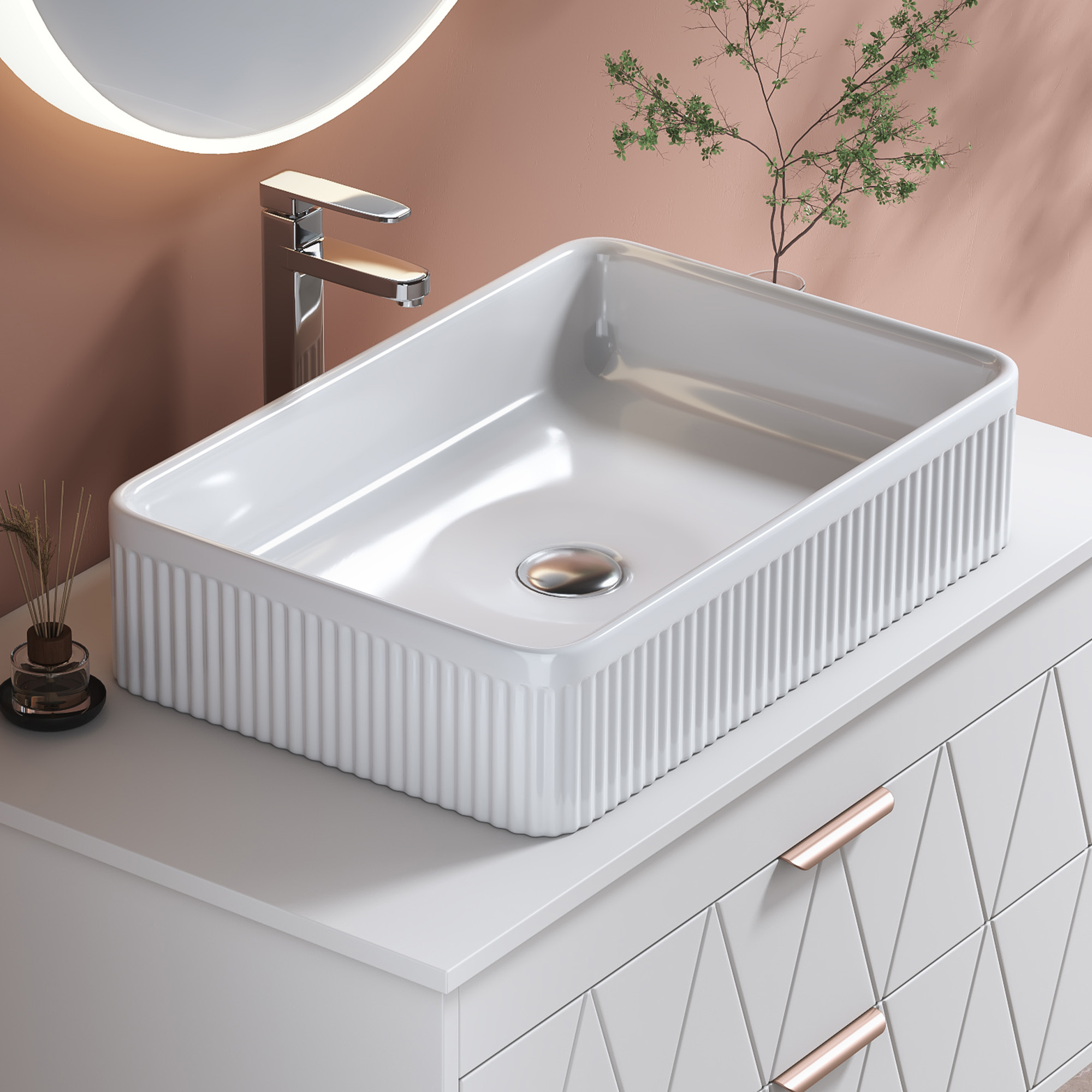 Modern White Ceramic Rectangular Vessel Sink with Vertical Ribbed Design & Drain Assembly