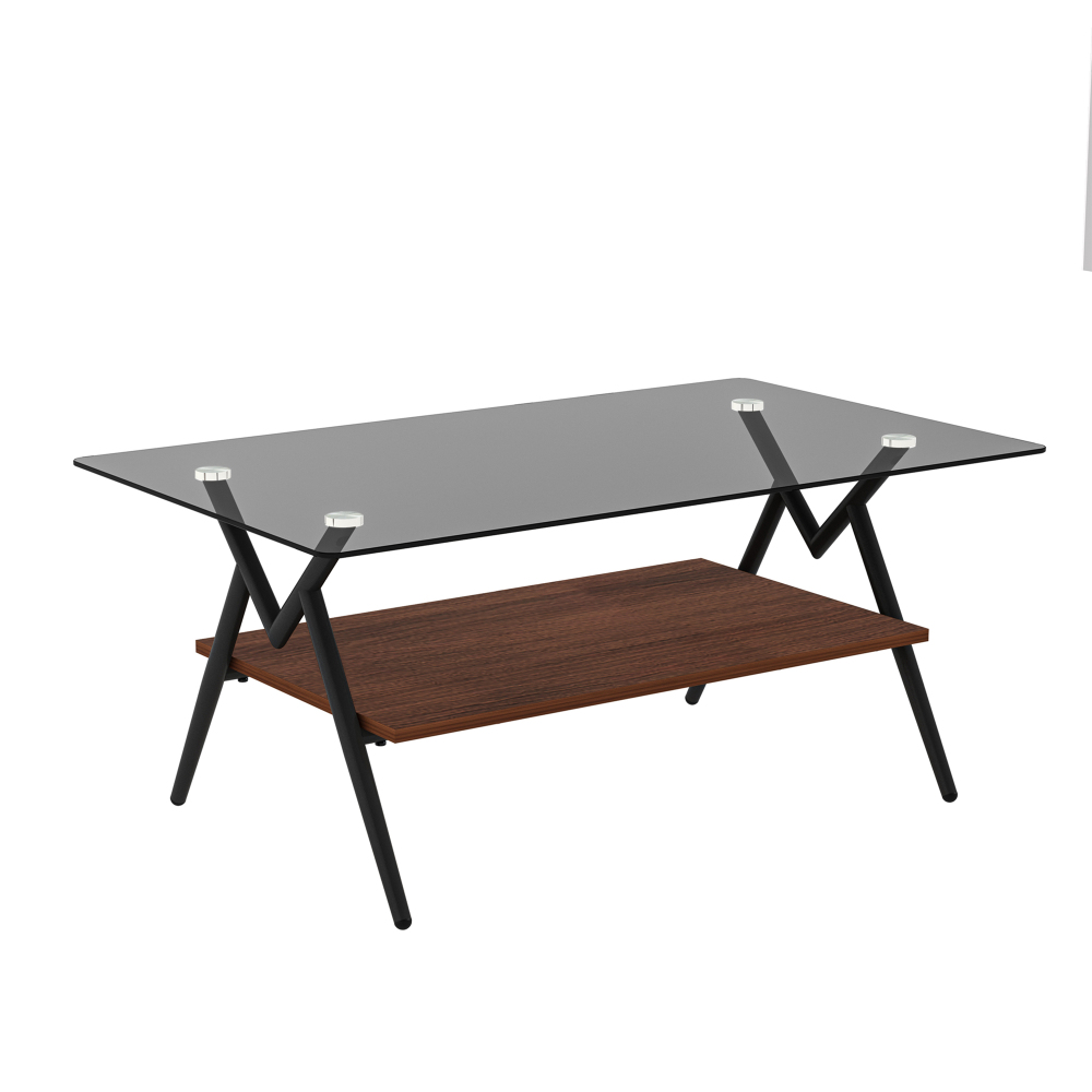 Modern Rectangle Coffee Table with Tempered Glass Top & Brown MDF Shelf, Mid-Century Style Living Room Furniture