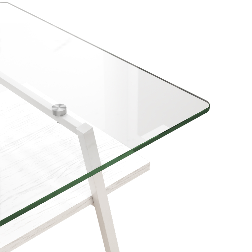 Modern Rectangle Coffee Table with Tempered Glass Top & White MDF Lower Shelf, Contemporary Living Room Center Table with Metal Legs