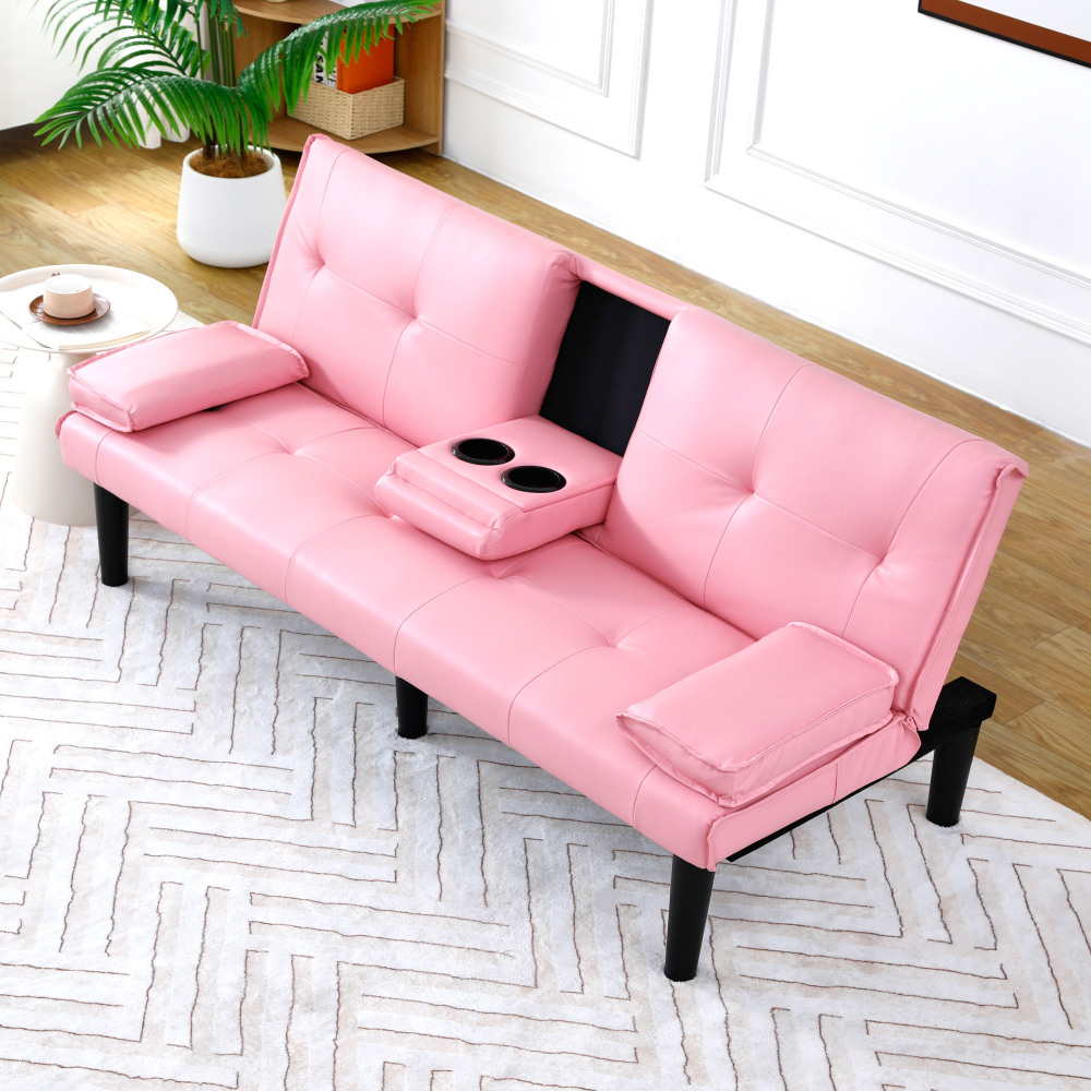 67-Inch Pink Convertible Sofa Bed with Cup Holders & Armrests - Modern PVC Sleeper Loveseat for Small Spaces, Dorms & Apartments