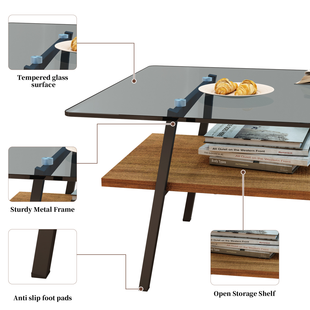 Modern Rectangle Coffee Table with Tempered Gray Glass Top and Storage Shelf - Contemporary Living Room Accent Furniture