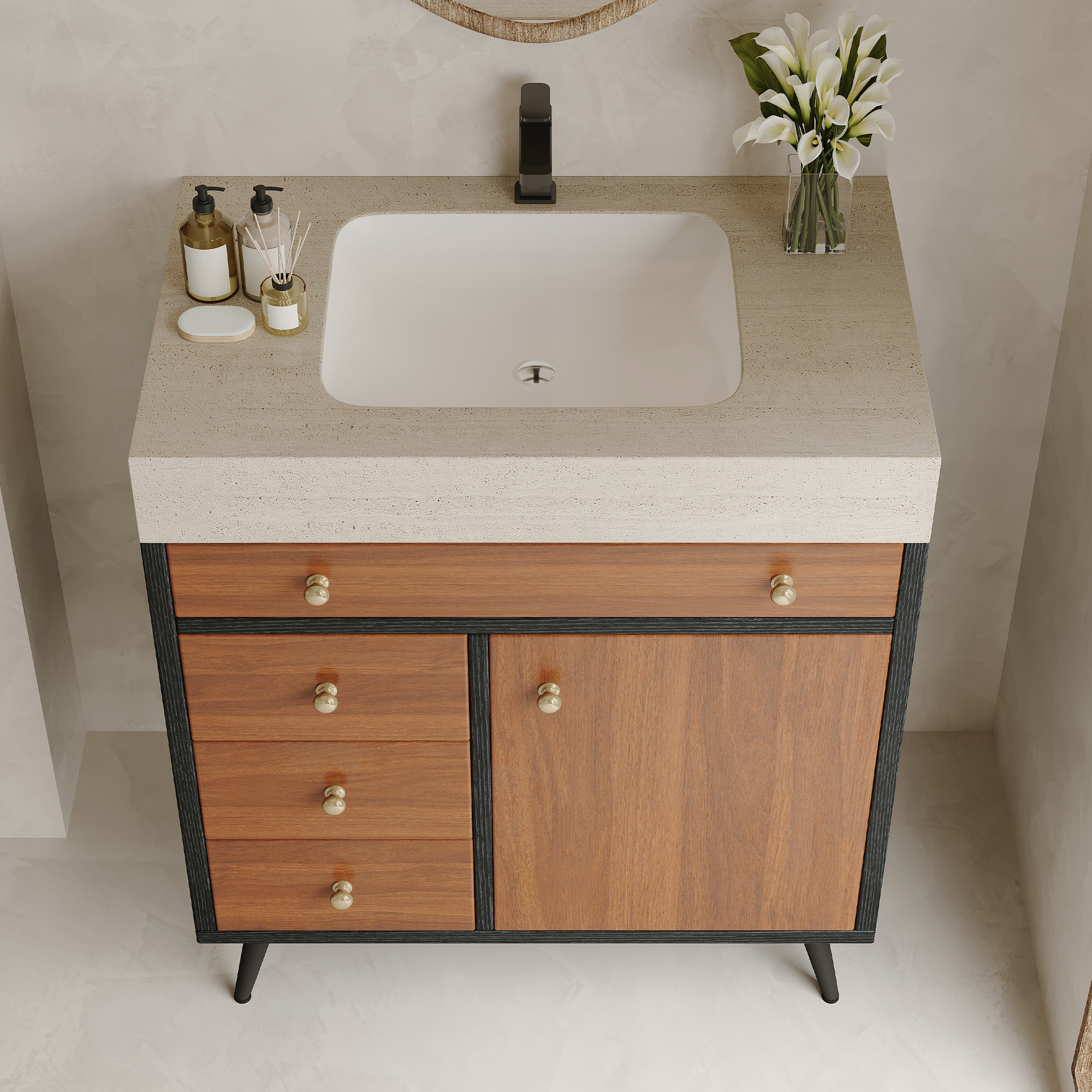 Modern Free-Standing Bathroom Vanity with Sintered Stone Top & Ceramic Sink, Mid-Century Walnut Cabinet with Soft-Close Drawers