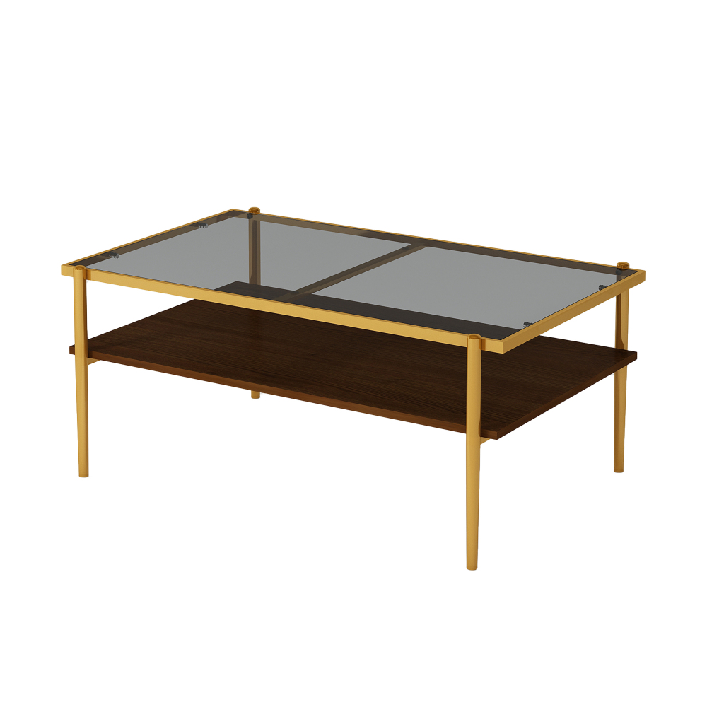 Modern Rectangle Coffee Table with Tempered Glass Top & Gold Metal Legs - Stylish Living Room Center Table with Lower Shelf Storage