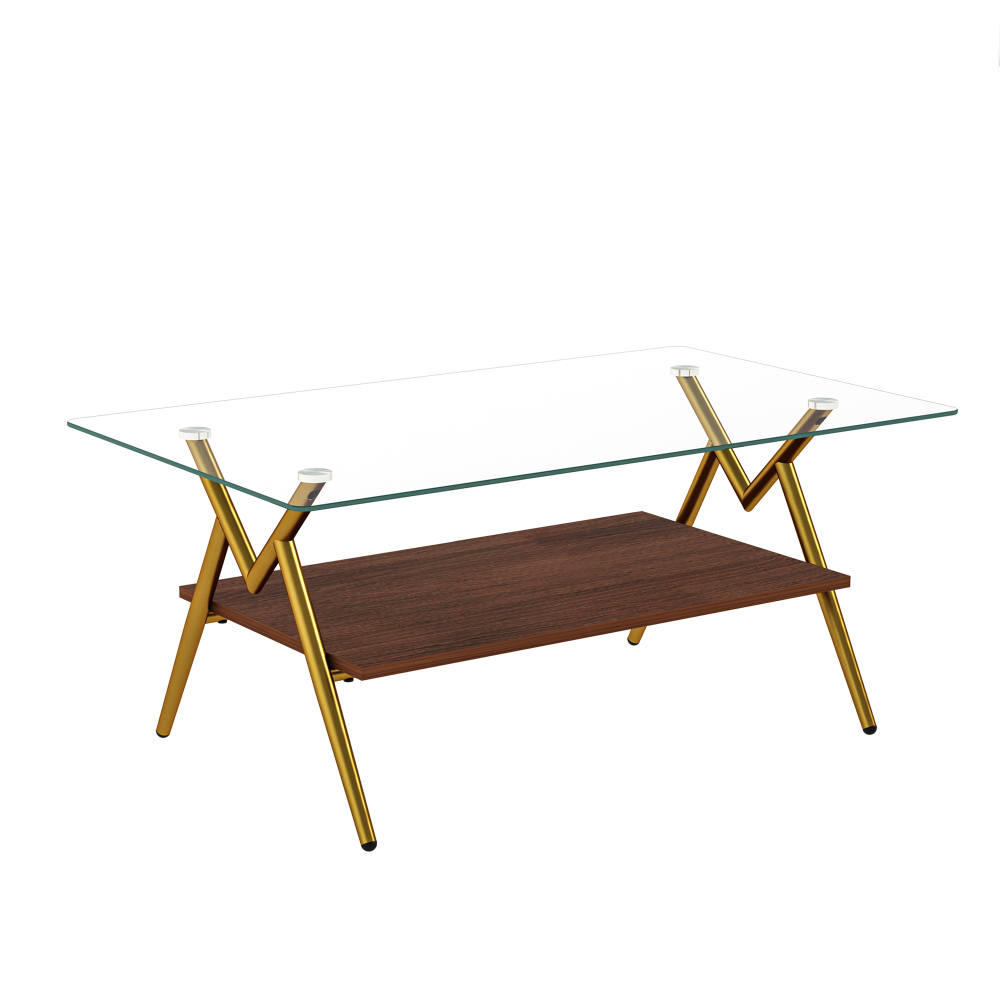 Modern Rectangle Coffee Table with Tempered Glass Top & Gold Metal Legs, Two-Tier Storage for Living Room