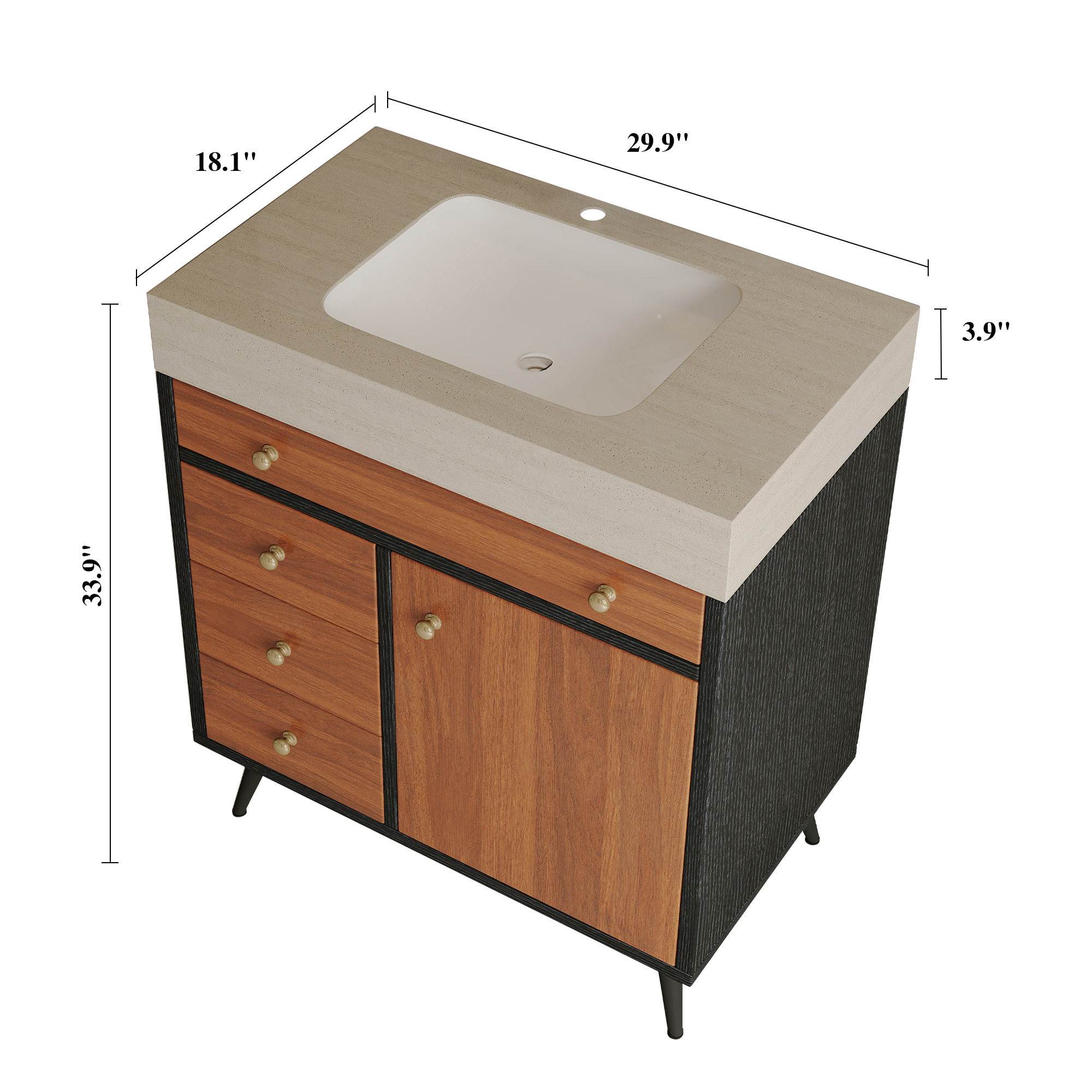 Modern Free-Standing Bathroom Vanity with Sintered Stone Top & Ceramic Sink, Mid-Century Walnut Cabinet with Soft-Close Drawers