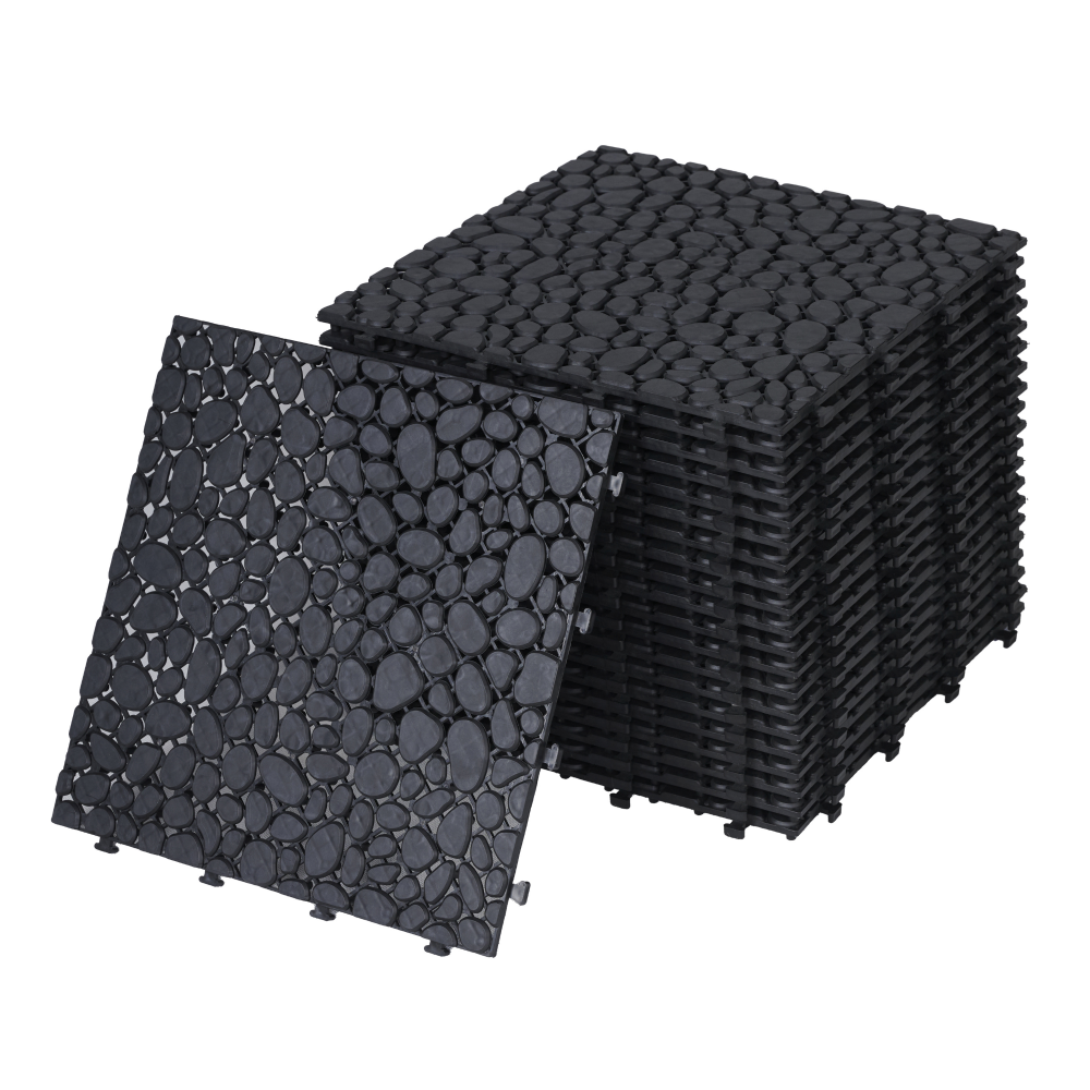 12-Pack Black Interlocking Deck Tiles - Waterproof Plastic Patio Flooring with Pebble Stone Pattern, Anti-Slip Outdoor Balcony & Bathroom Pavers