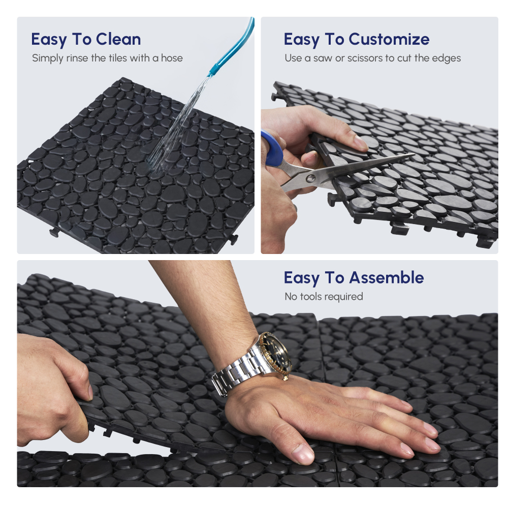 12-Pack Black Interlocking Deck Tiles - Waterproof Plastic Patio Flooring with Pebble Stone Pattern, Anti-Slip Outdoor Balcony & Bathroom Pavers