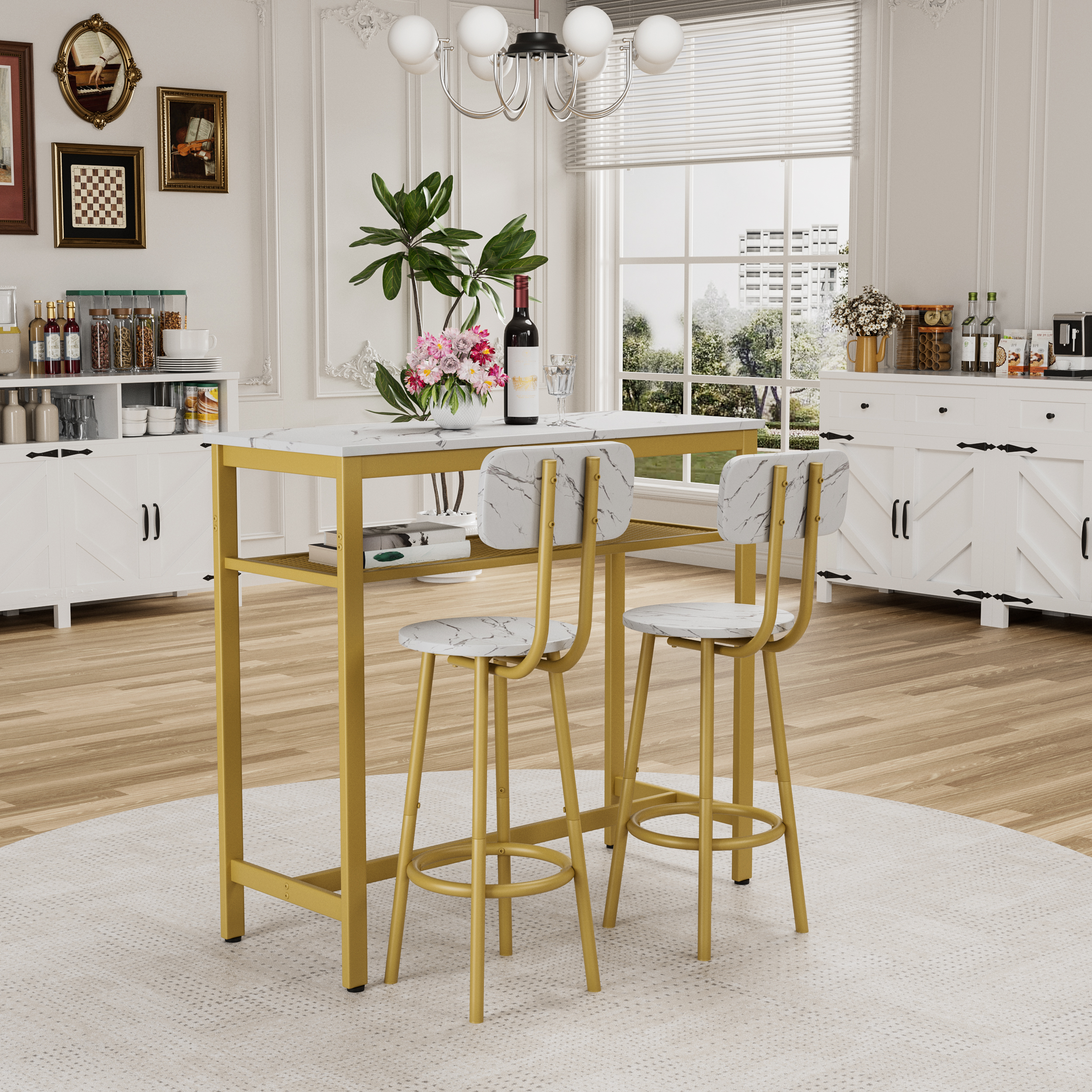 3-Piece Counter Height Dining Table Set with 2 Stools, White Faux Marble Top Breakfast Bar for Small Apartment Kitchen