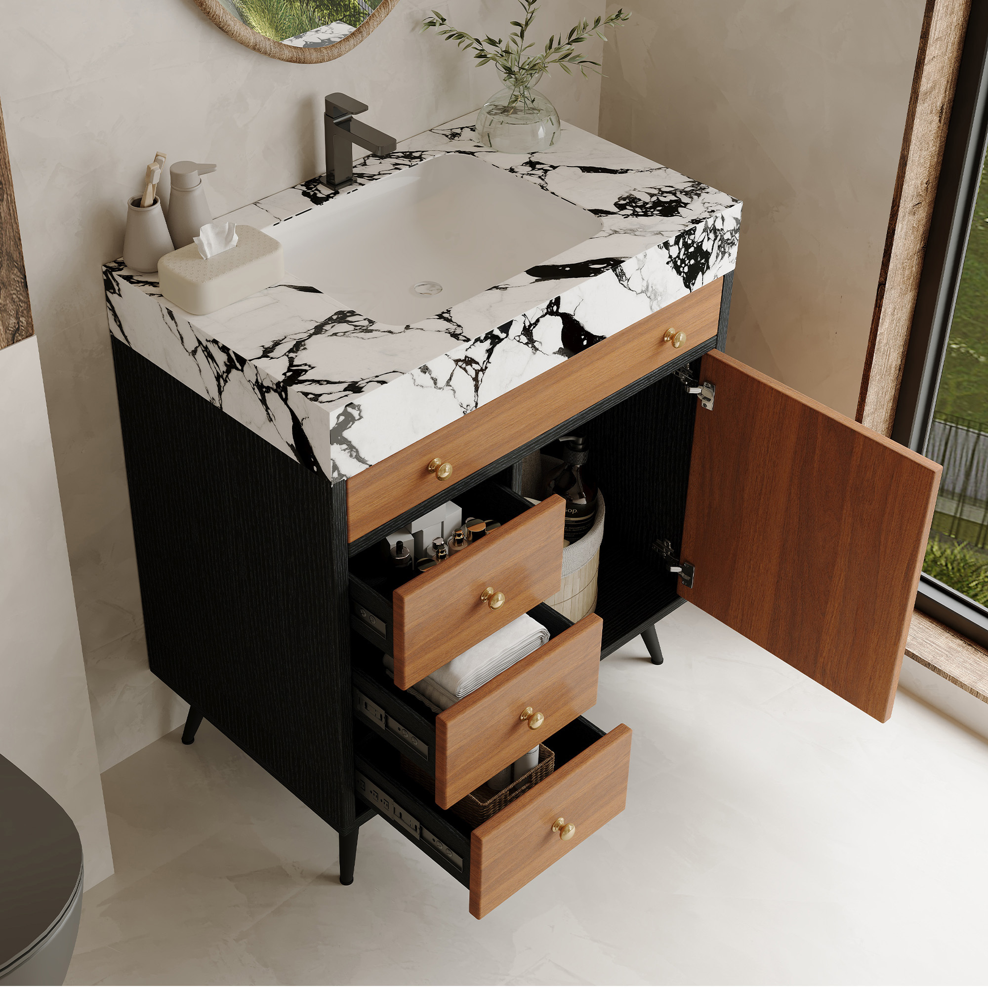 30-Inch Modern Free-Standing Bathroom Vanity with Sintered Stone Top, Ceramic Sink & Soft-Close Drawers