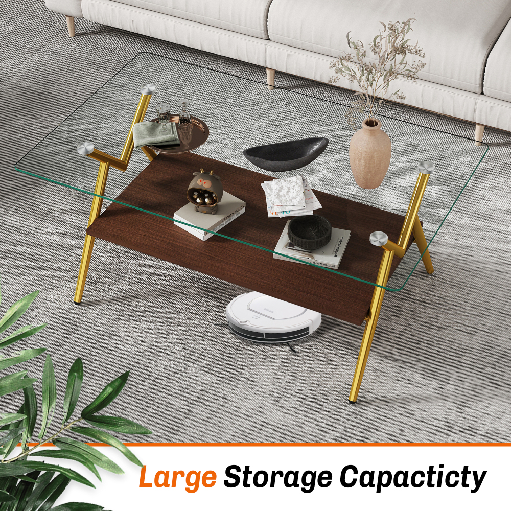 Modern Rectangle Coffee Table with Tempered Glass Top & Gold Metal Legs, Two-Tier Storage for Living Room