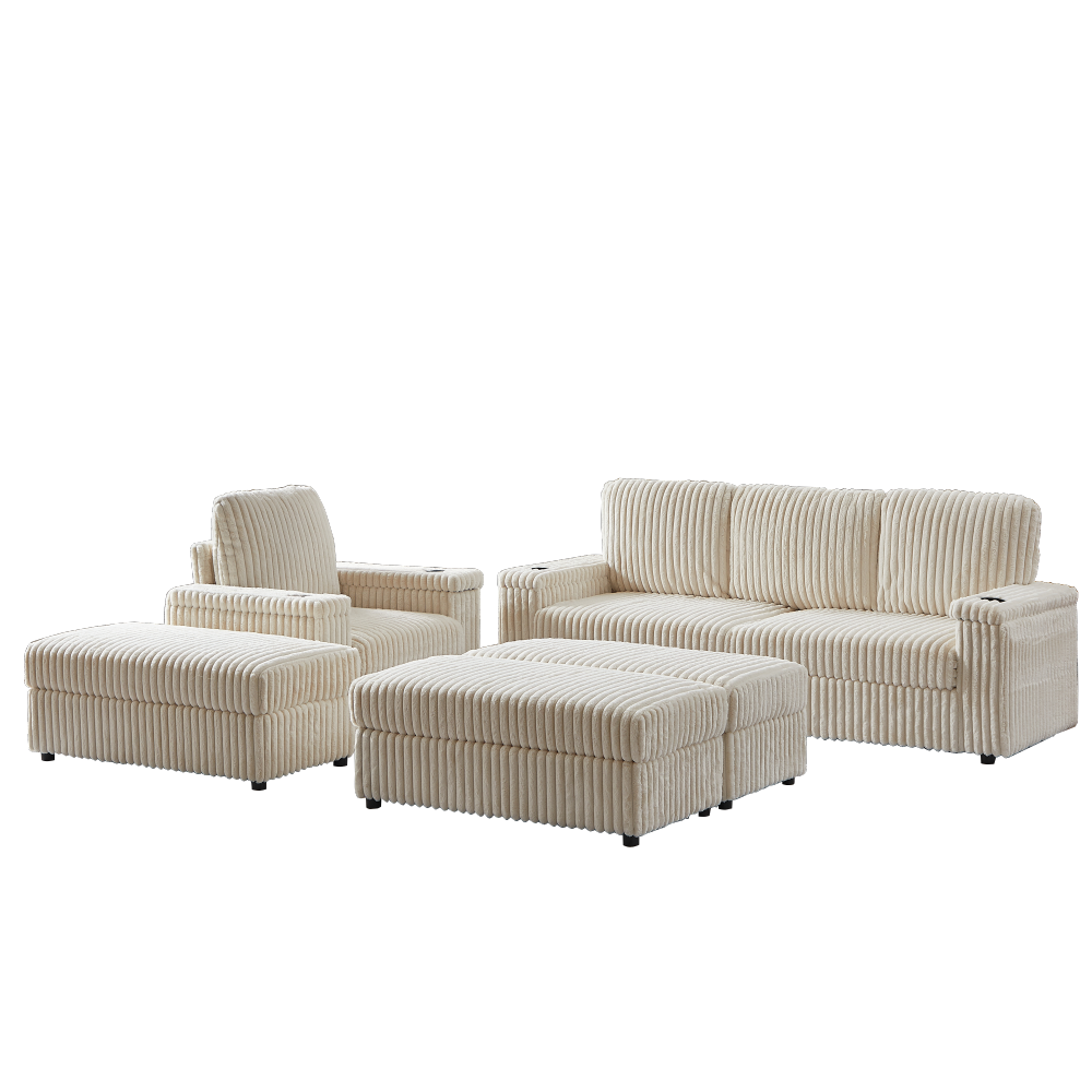 Luxury Corduroy Modular Sectional Sofa Set with Deep Seat, Reclining Armchair & Storage Ottoman