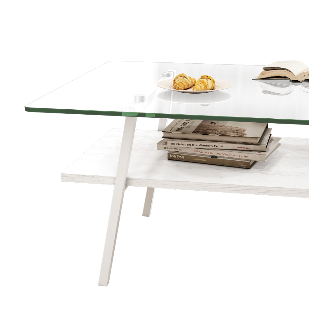 Modern Rectangle Coffee Table with Tempered Glass Top & White MDF Lower Shelf, Contemporary Living Room Center Table with Metal Legs