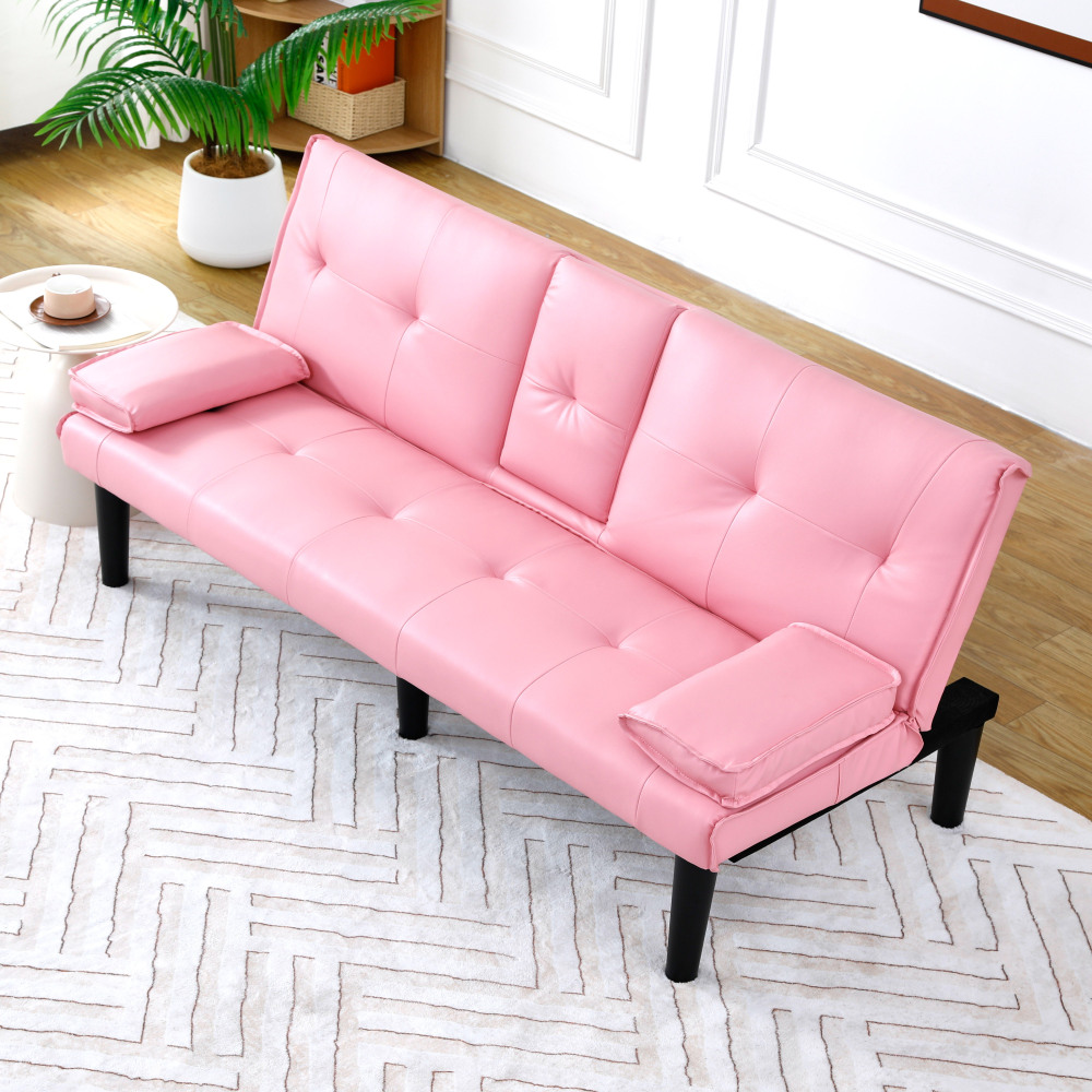 67-Inch Pink Convertible Sofa Bed with Cup Holders & Armrests - Modern PVC Sleeper Loveseat for Small Spaces, Dorms & Apartments