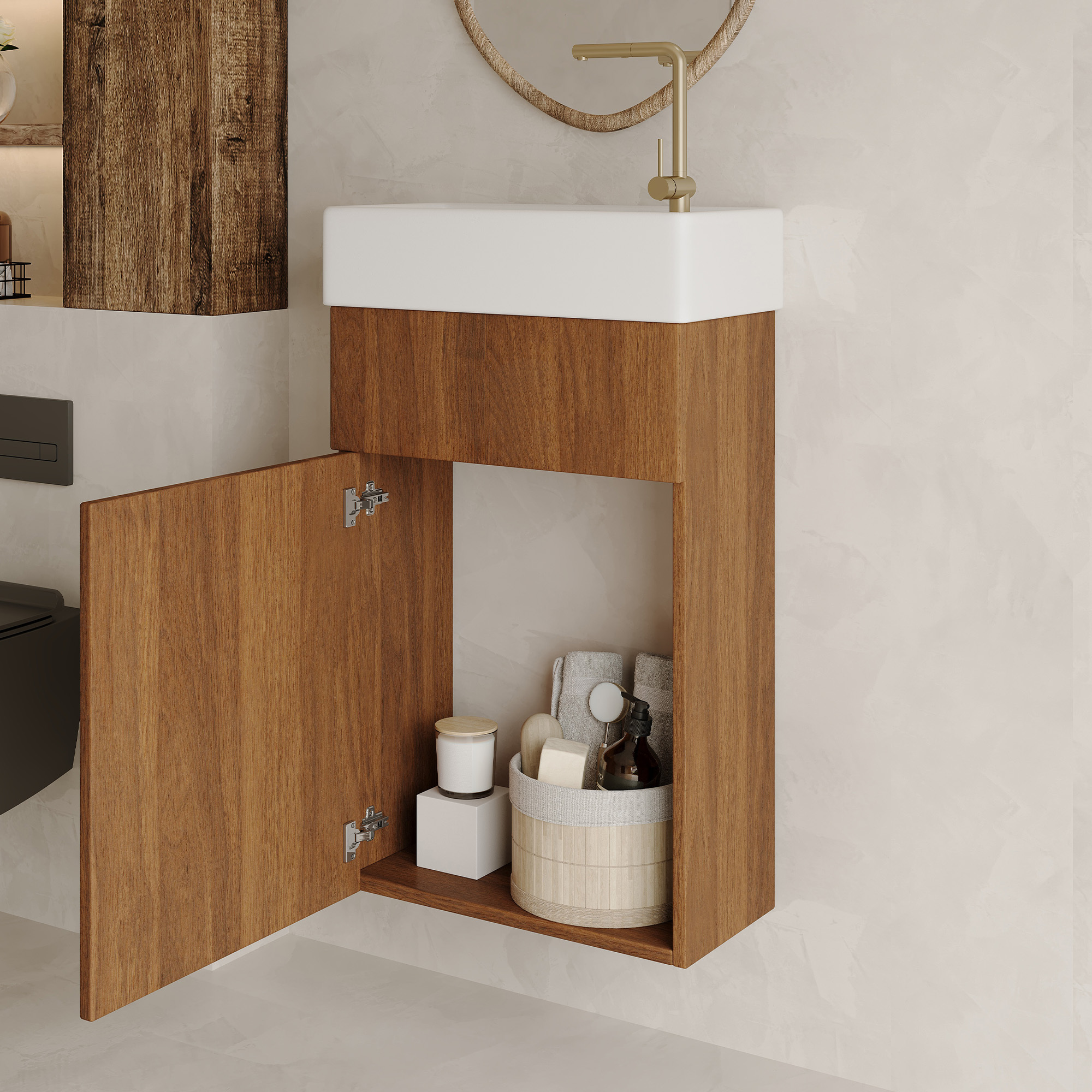 16.5" Mid-Century Modern Floating Bathroom Vanity with Integrated Ceramic Sink, Walnut Finish