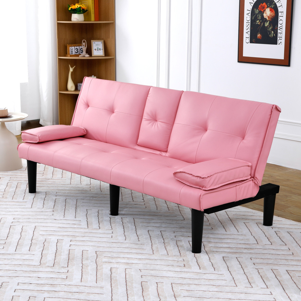67-Inch Pink Convertible Sofa Bed with Cup Holders & Armrests - Modern PVC Sleeper Loveseat for Small Spaces, Dorms & Apartments