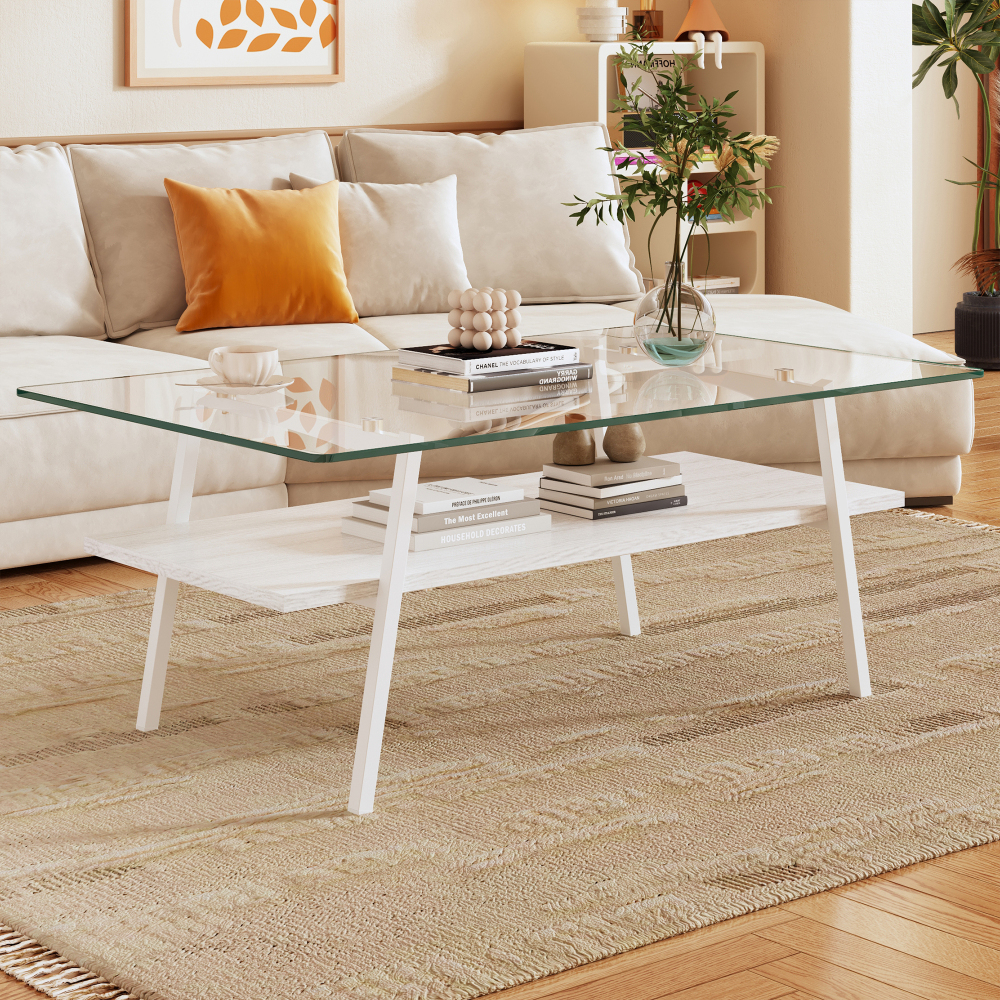Modern Rectangle Coffee Table with Tempered Glass Top & White MDF Lower Shelf, Contemporary Living Room Center Table with Metal Legs