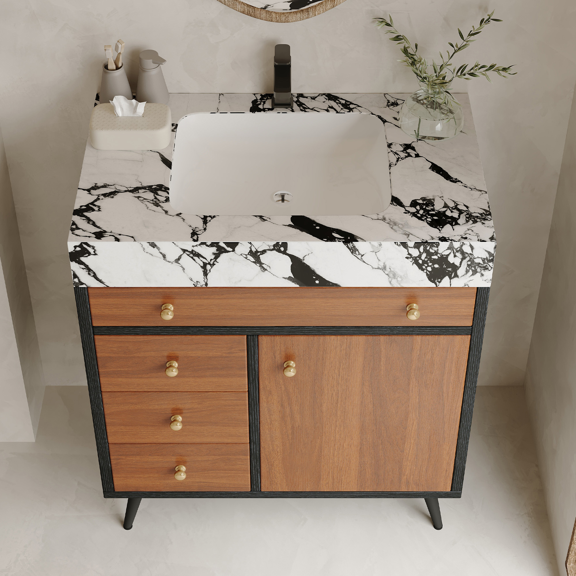 30-Inch Modern Free-Standing Bathroom Vanity with Sintered Stone Top, Ceramic Sink & Soft-Close Drawers