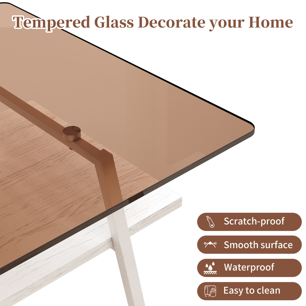 Modern Rectangle Coffee Table with Tempered Brown Glass Top & White Metal Legs, Contemporary Living Room Furniture with MDF Storage Shelf