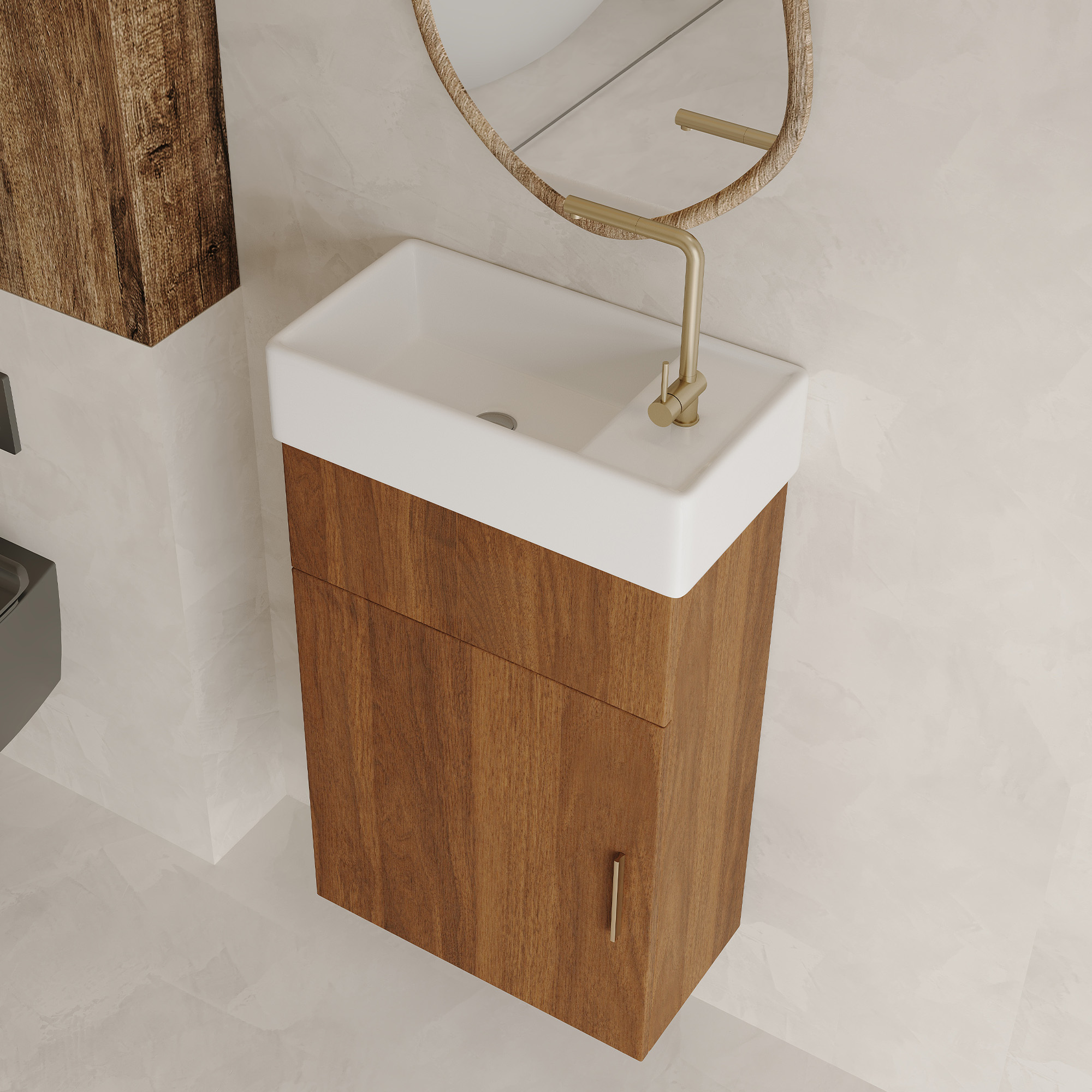 16.5" Mid-Century Modern Floating Bathroom Vanity with Integrated Ceramic Sink, Walnut Finish