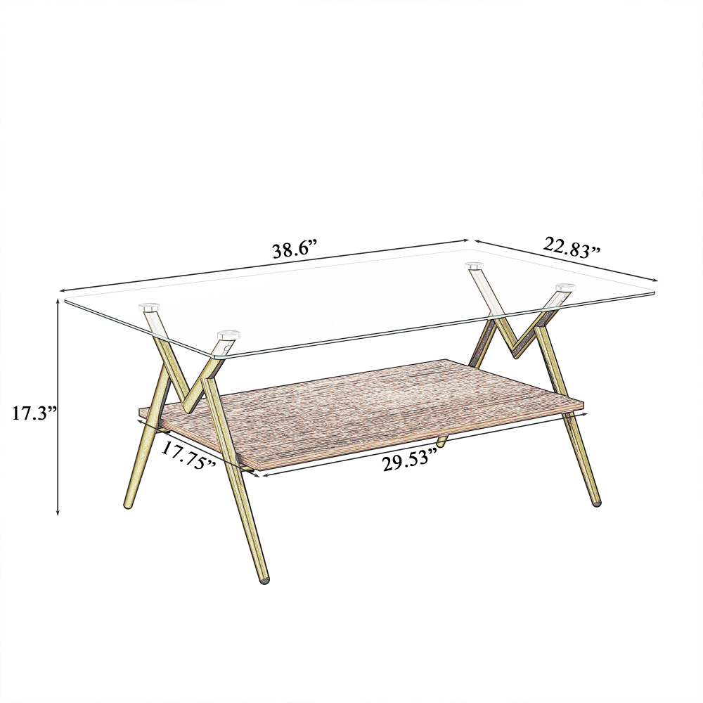 Modern Rectangle Coffee Table with Tempered Glass Top & Gold Metal Legs, Two-Tier Storage for Living Room