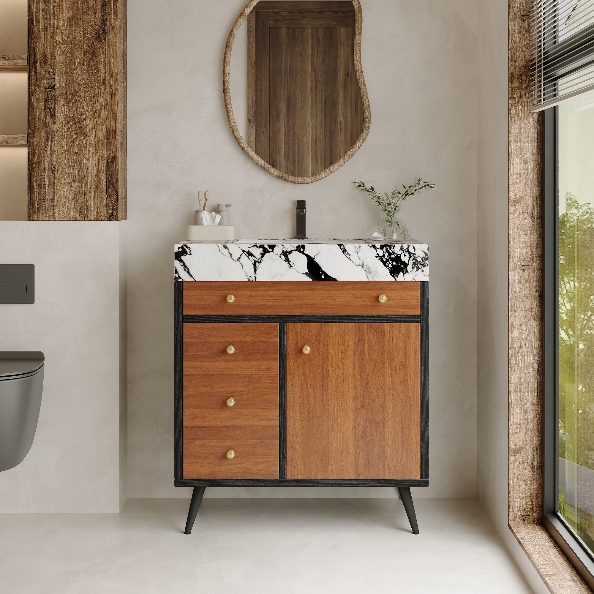 30-Inch Modern Free-Standing Bathroom Vanity with Sintered Stone Top, Ceramic Sink & Soft-Close Drawers