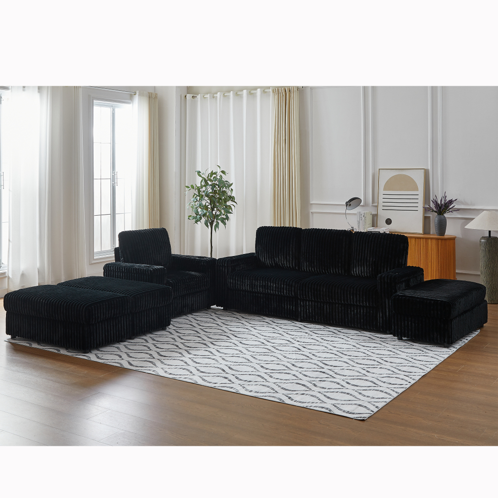 Luxury Black Corduroy Sectional Sofa with Recliner, Cup Holders & Storage Ottoman - Modern Deep Seat Living Room Couch