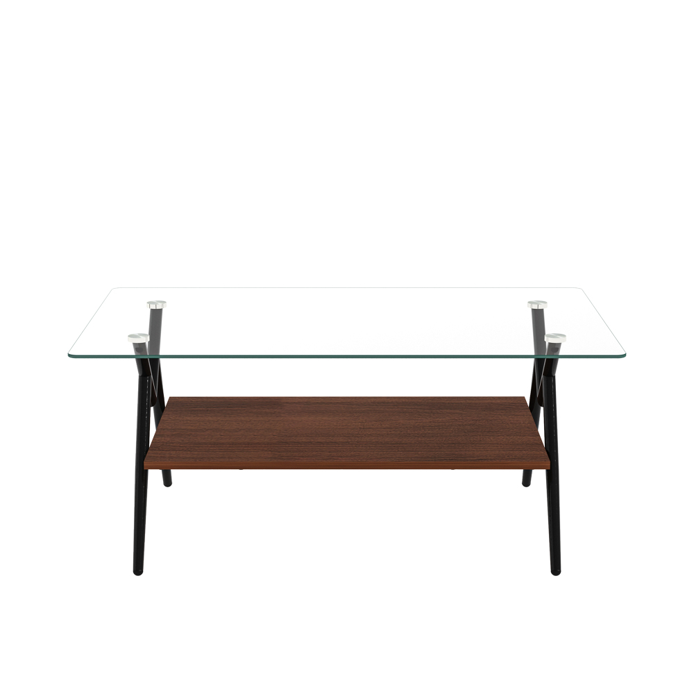 Modern Rectangle Coffee Table with Tempered Glass Top & Black Metal Legs, Two-Tier Storage Shelf for Living Room