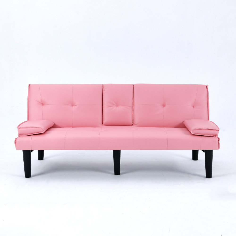 67-Inch Pink Convertible Sofa Bed with Cup Holders & Armrests - Modern PVC Sleeper Loveseat for Small Spaces, Dorms & Apartments