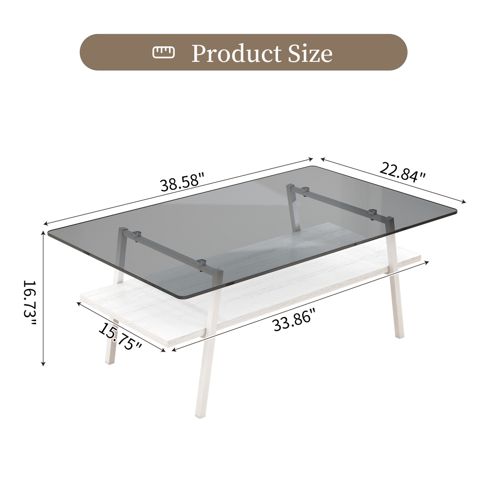 Modern Rectangle Coffee Table with Tempered Gray Glass Top and White Metal Legs, Contemporary Living Room Furniture with Storage Shelf