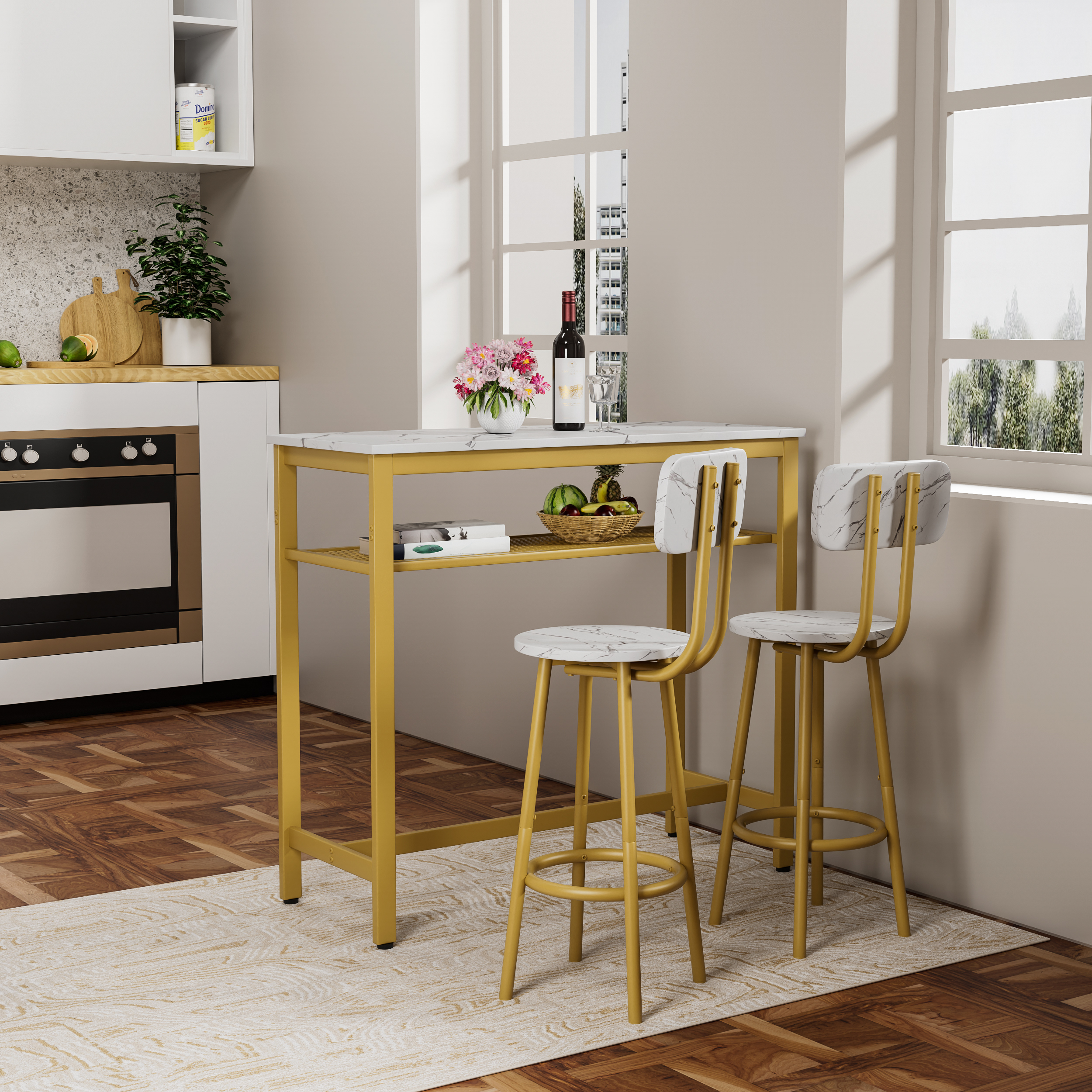 3-Piece Counter Height Dining Table Set with 2 Stools, White Faux Marble Top Breakfast Bar for Small Apartment Kitchen
