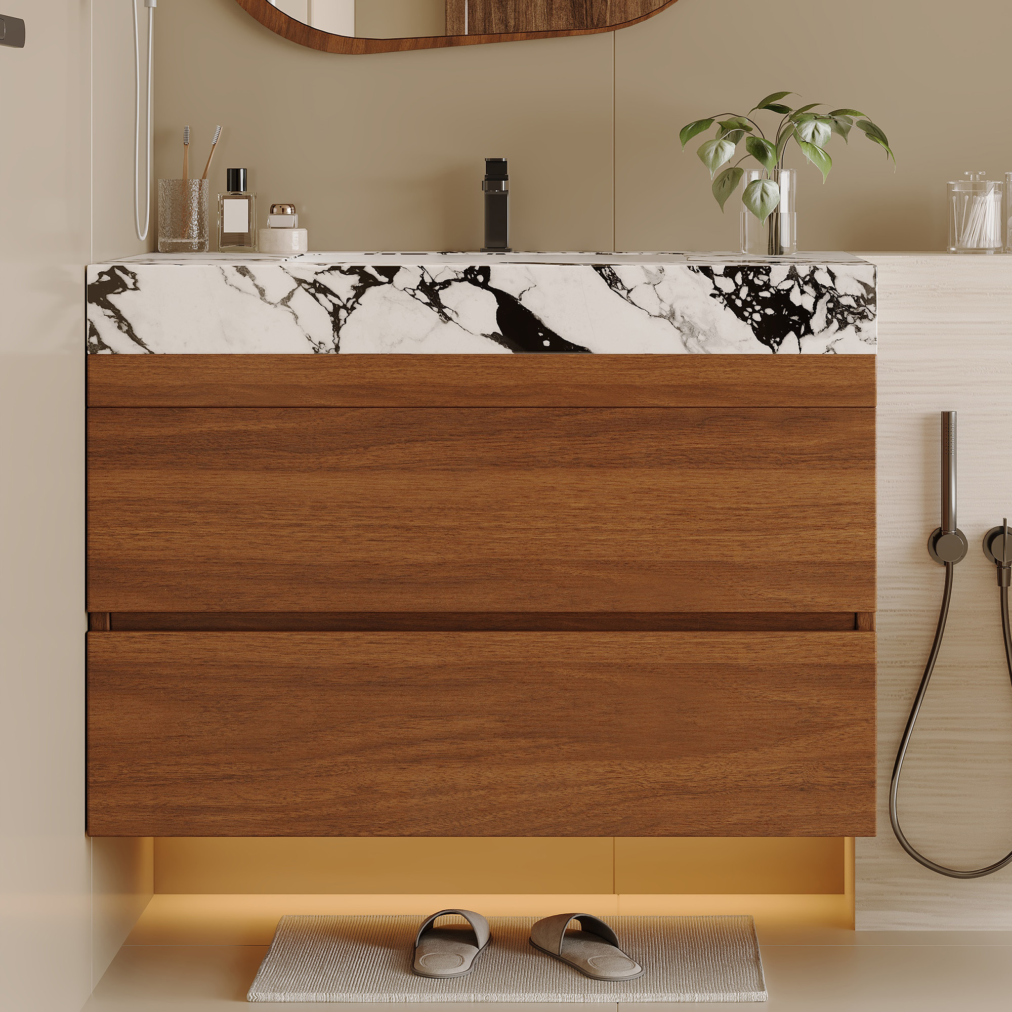 29.9" Modern Floating Bathroom Vanity with Faux Marble Sintered Stone Top, Walnut Wall-Mounted Single Sink Cabinet for Small Spaces