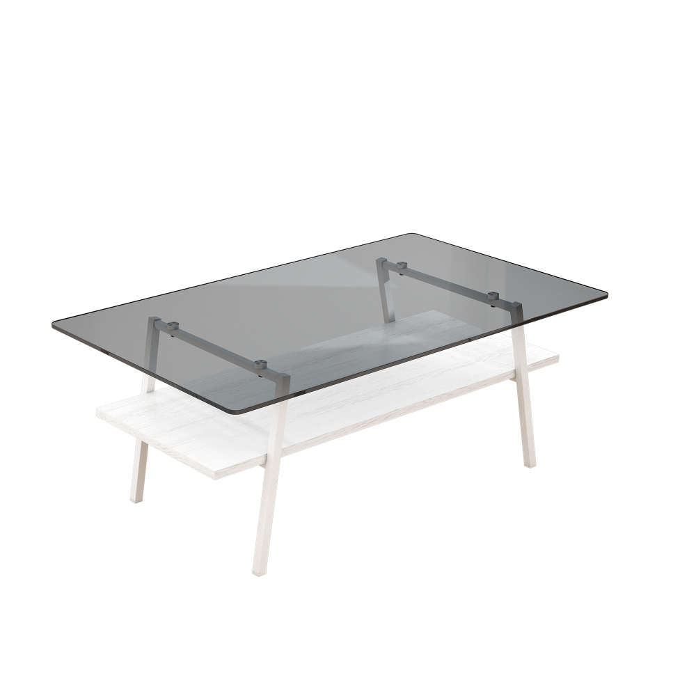 Modern Rectangle Coffee Table with Tempered Gray Glass Top and White Metal Legs, Contemporary Living Room Furniture with Storage Shelf