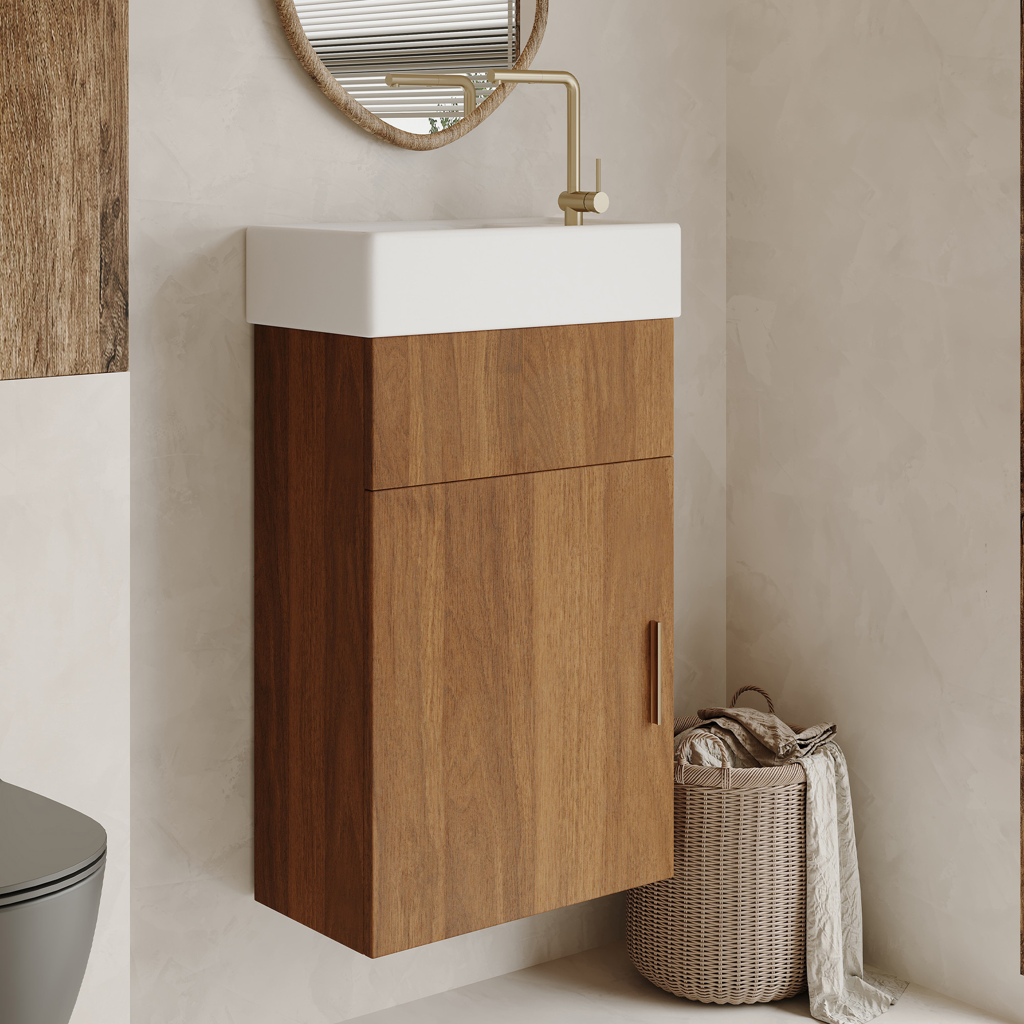 16.5" Mid-Century Modern Floating Bathroom Vanity with Integrated Ceramic Sink, Walnut Finish