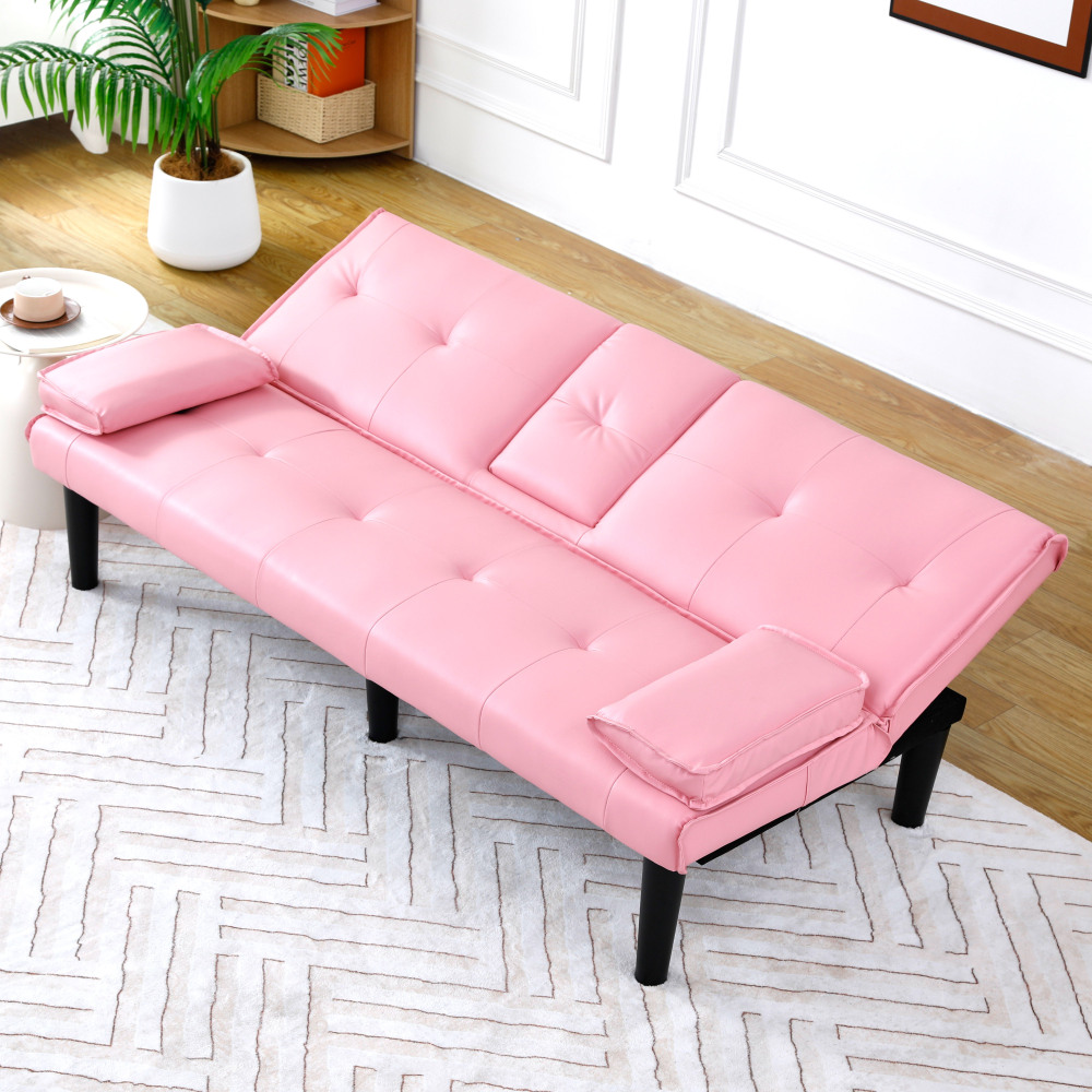 67-Inch Pink Convertible Sofa Bed with Cup Holders & Armrests - Modern PVC Sleeper Loveseat for Small Spaces, Dorms & Apartments