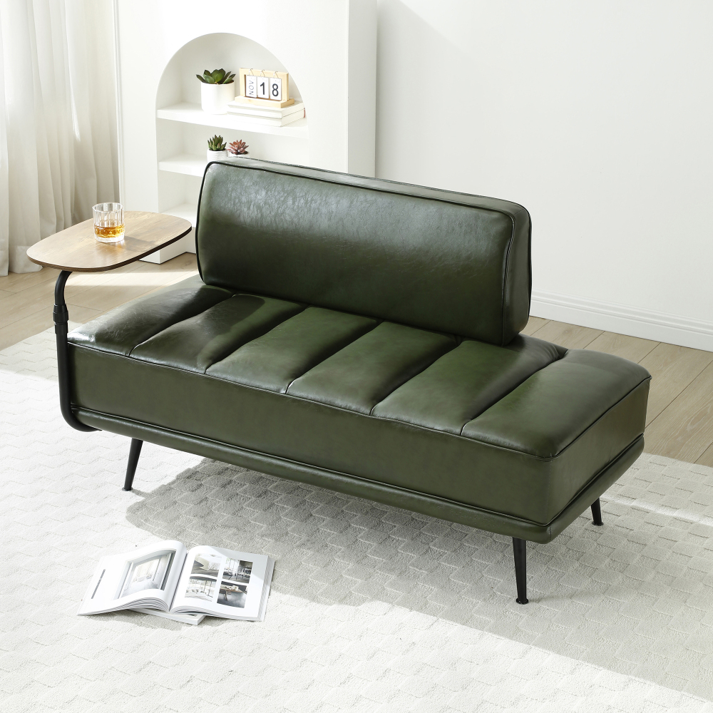 55" Modern Green Faux Leather Sofa Bench with Swivel Side Table & Metal Legs – Entryway Ottoman, End of Bed Seating for Living Room