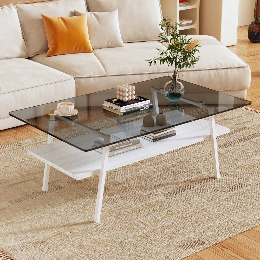 Modern Rectangle Coffee Table with Tempered Gray Glass Top and White Metal Legs, Contemporary Living Room Furniture with Storage Shelf
