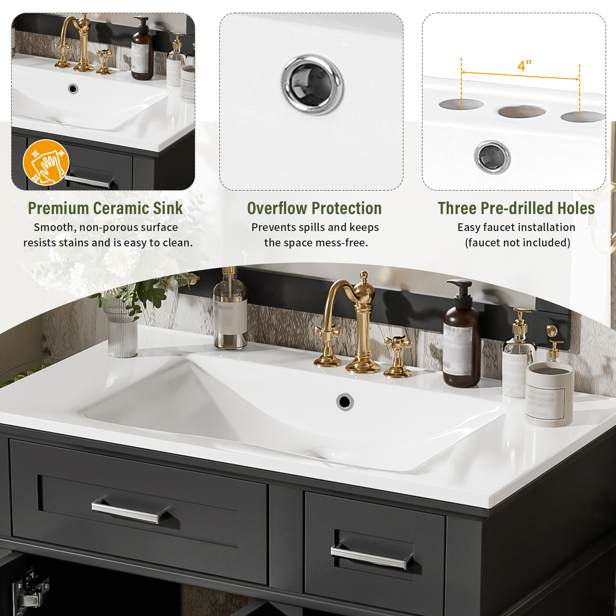 30" Modern Black Bathroom Vanity with Ceramic Sink, Solid Wood Storage Cabinet & Soft-Close Doors for Small Spaces