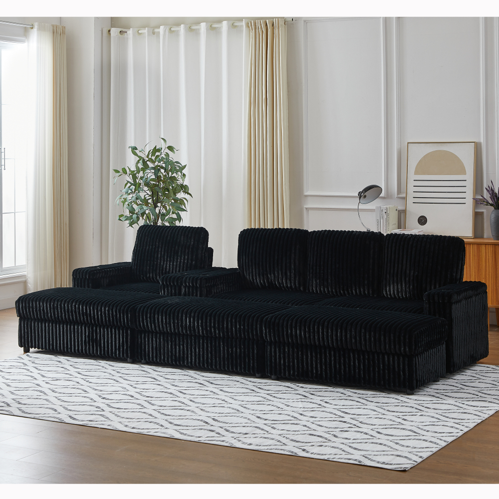 Luxury Black Corduroy Sectional Sofa with Recliner, Cup Holders & Storage Ottoman - Modern Deep Seat Living Room Couch