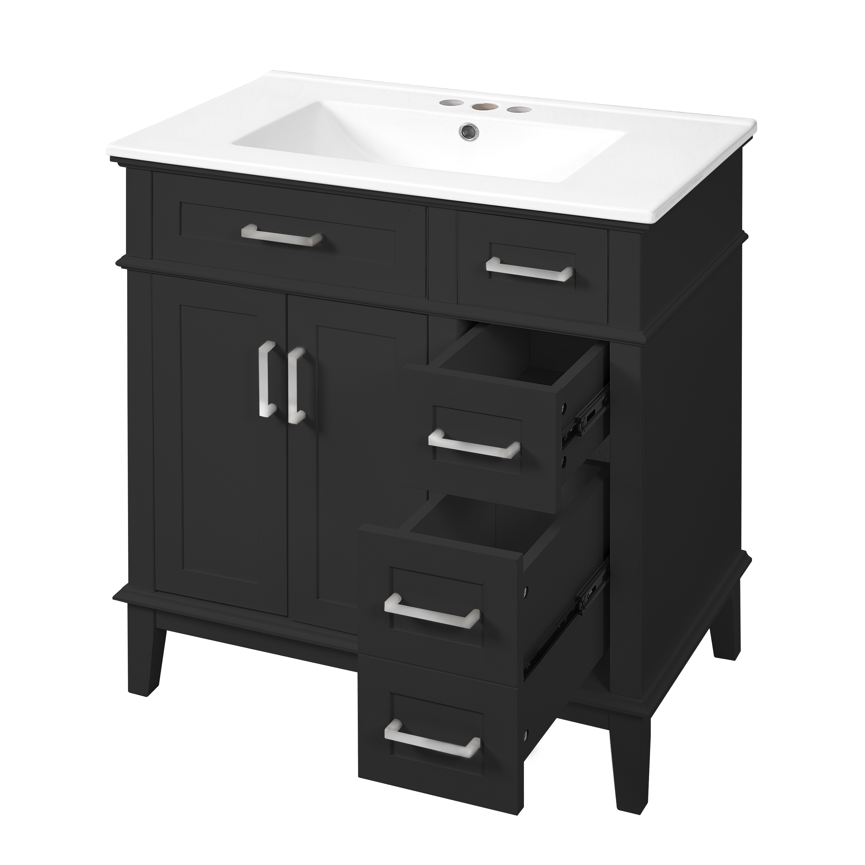 30" Modern Black Bathroom Vanity with Ceramic Sink, Solid Wood Storage Cabinet & Soft-Close Doors for Small Spaces