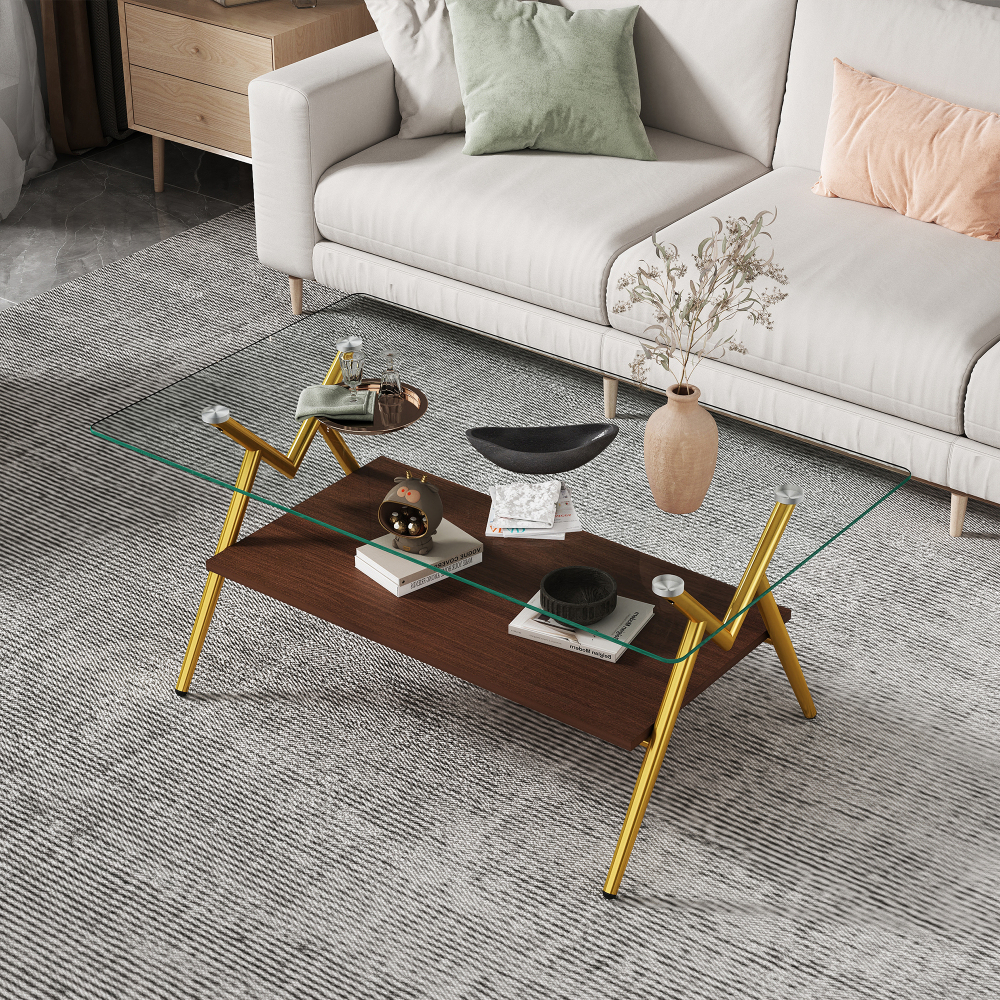 Modern Rectangle Coffee Table with Tempered Glass Top & Gold Metal Legs, Two-Tier Storage for Living Room