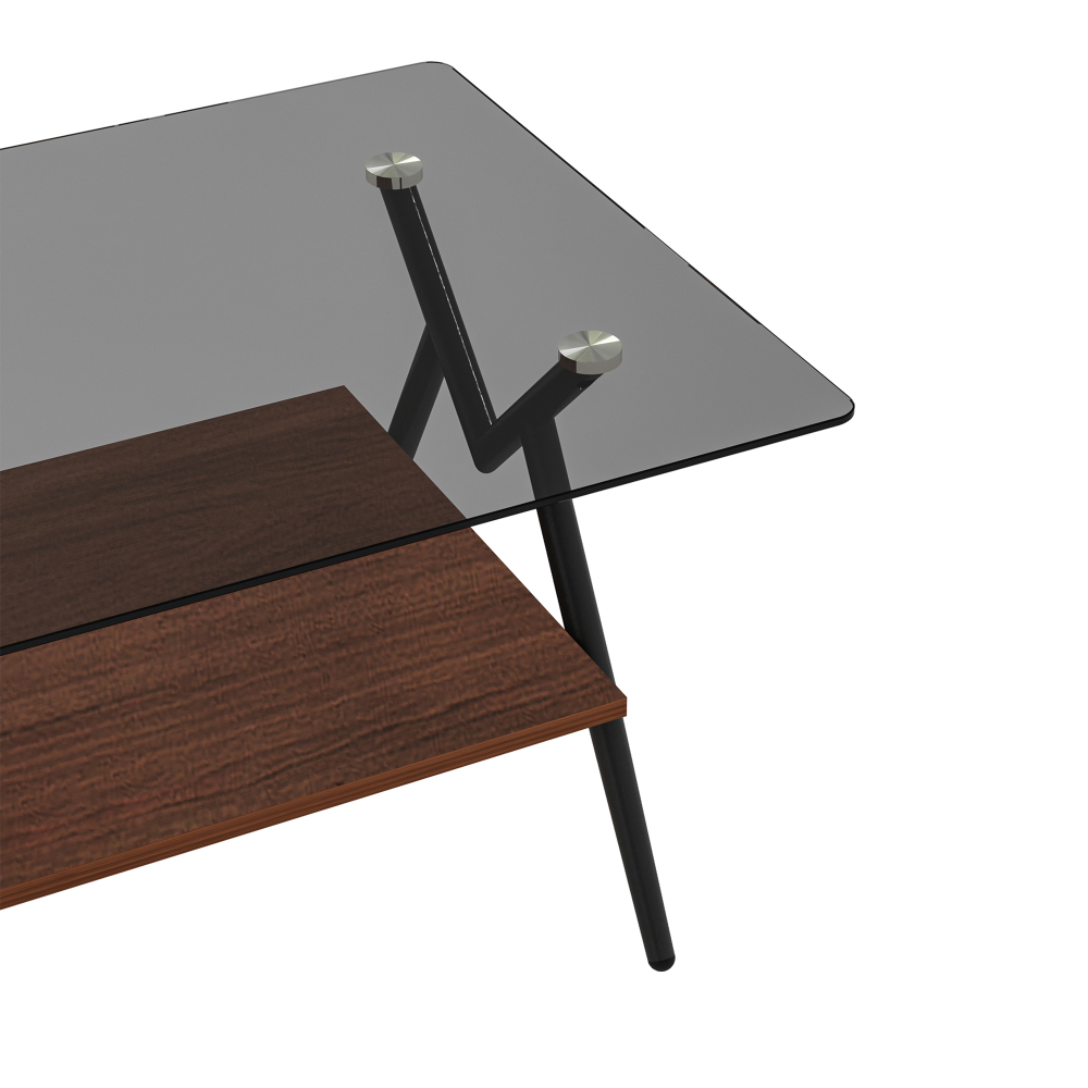 Modern Rectangle Coffee Table with Tempered Glass Top & Brown MDF Shelf, Mid-Century Style Living Room Furniture